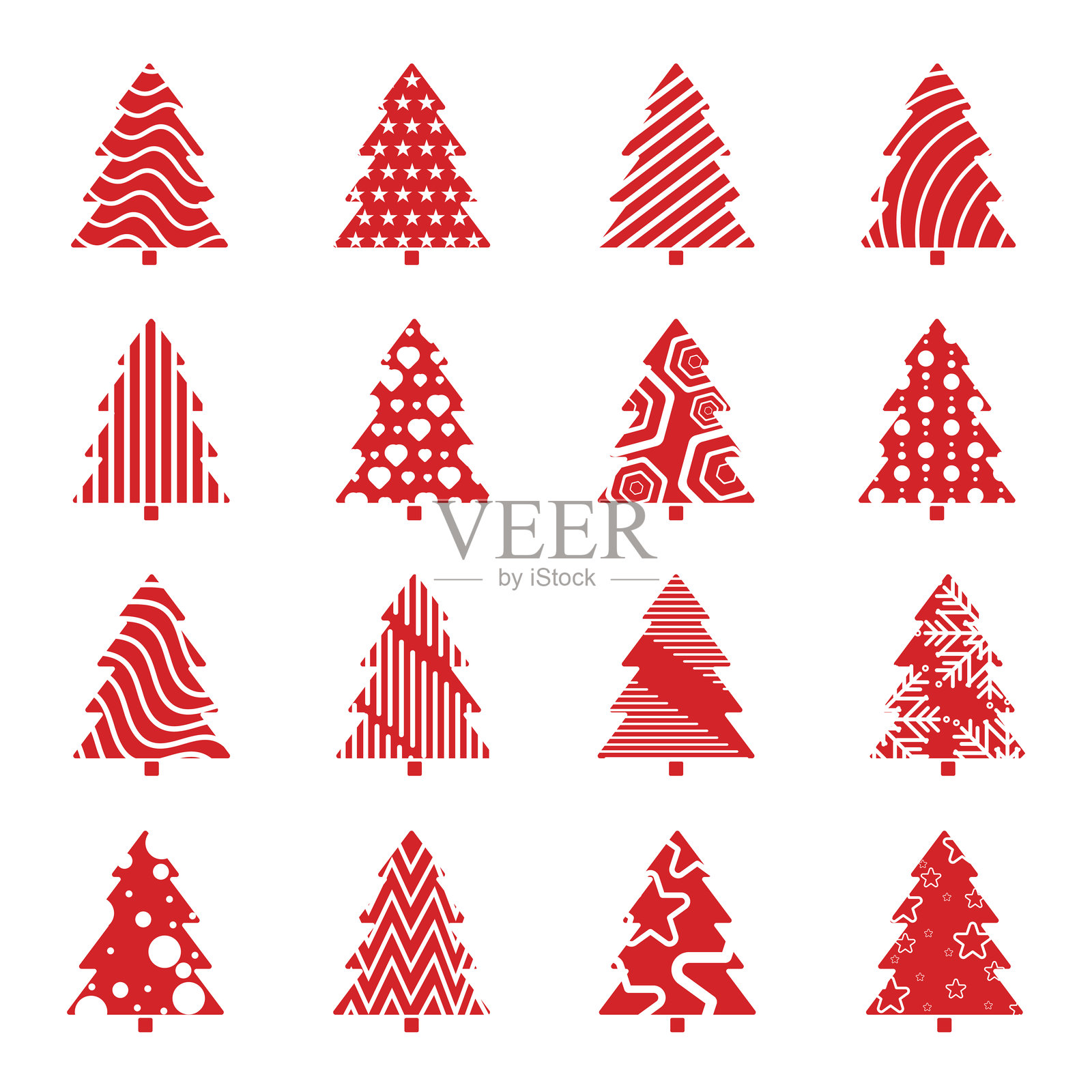 一套节日主题的红色圣诞树图标,具有创意几何和图案设计。圣诞元素概念矢量插图设计插画图片素材
