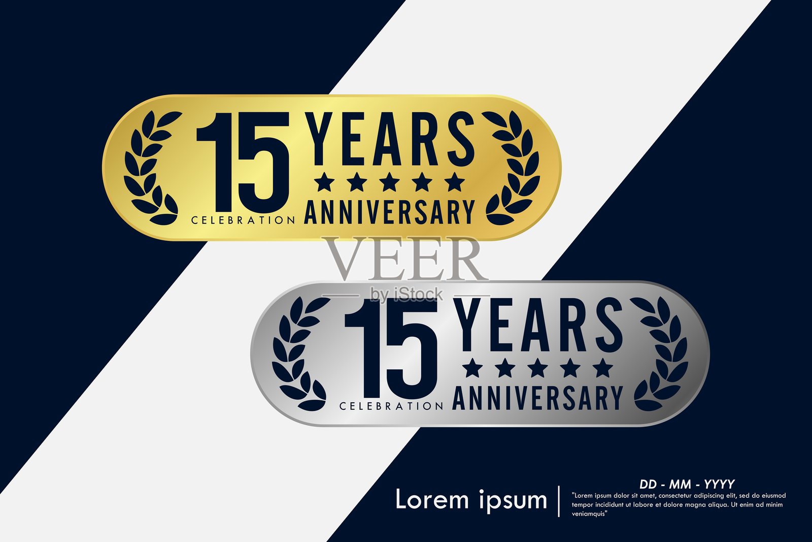 15周年优雅庆典徽章,金色和银色周年纪念标志徽章,饰有月桂花环,孤立。网页横幅的矢量插画模板设计。插画图片素材
