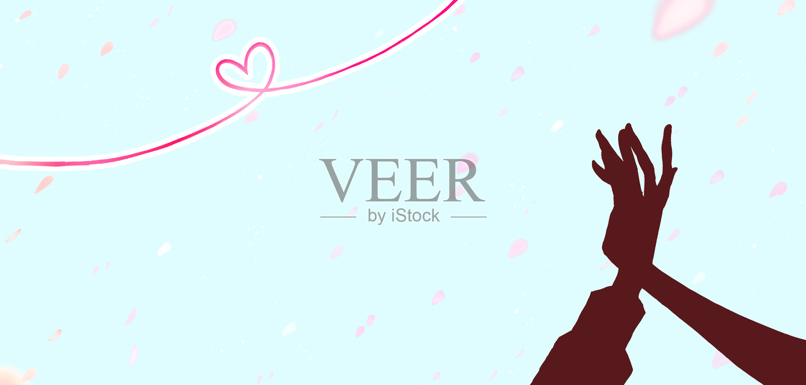 男女交织的双手和飘落的樱花花瓣插画图片素材