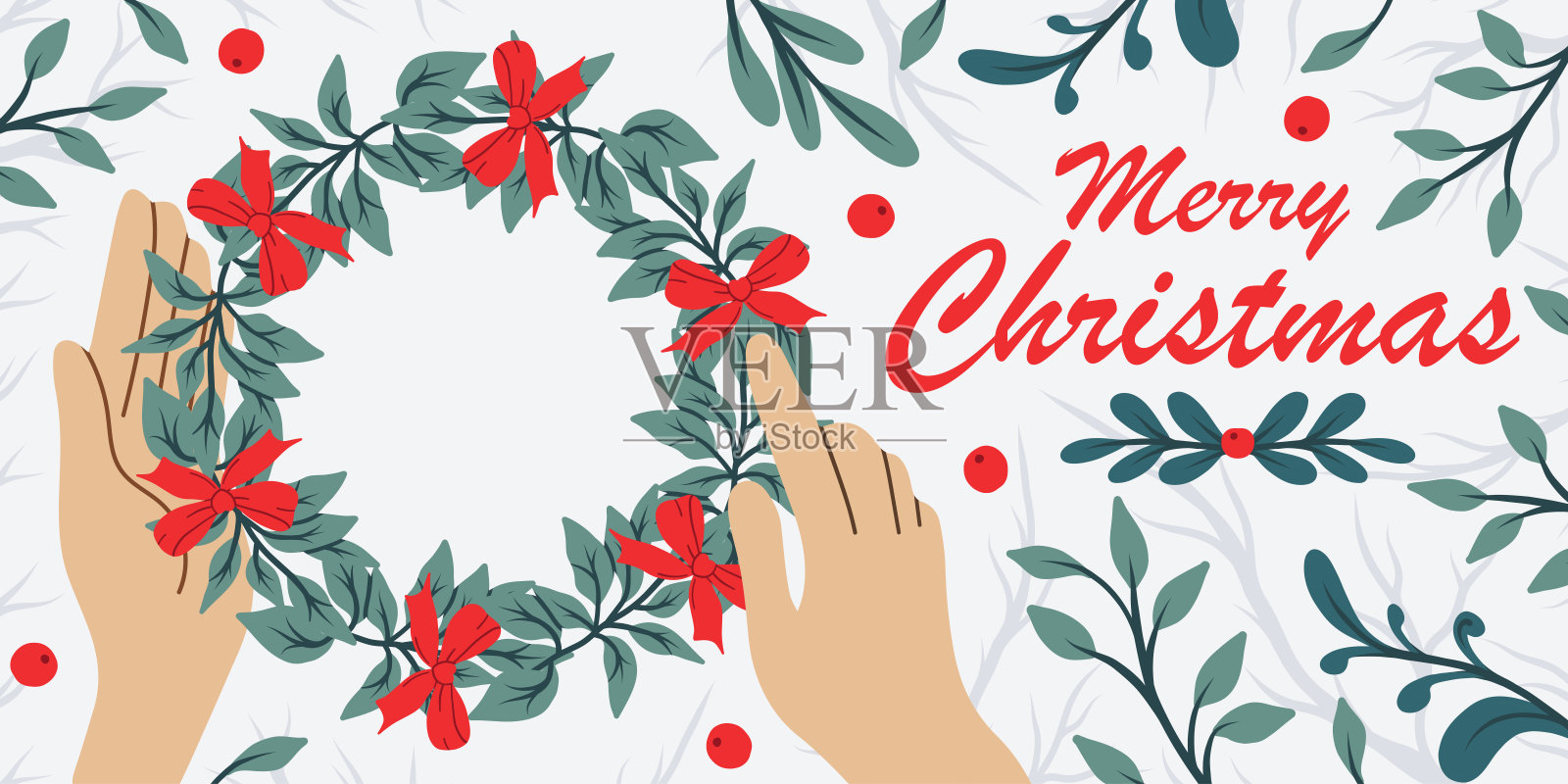 圣诞贺卡。手持圣诞花环。装饰新年礼物的概念。冬季问候卡。矢量设计。插画图片素材