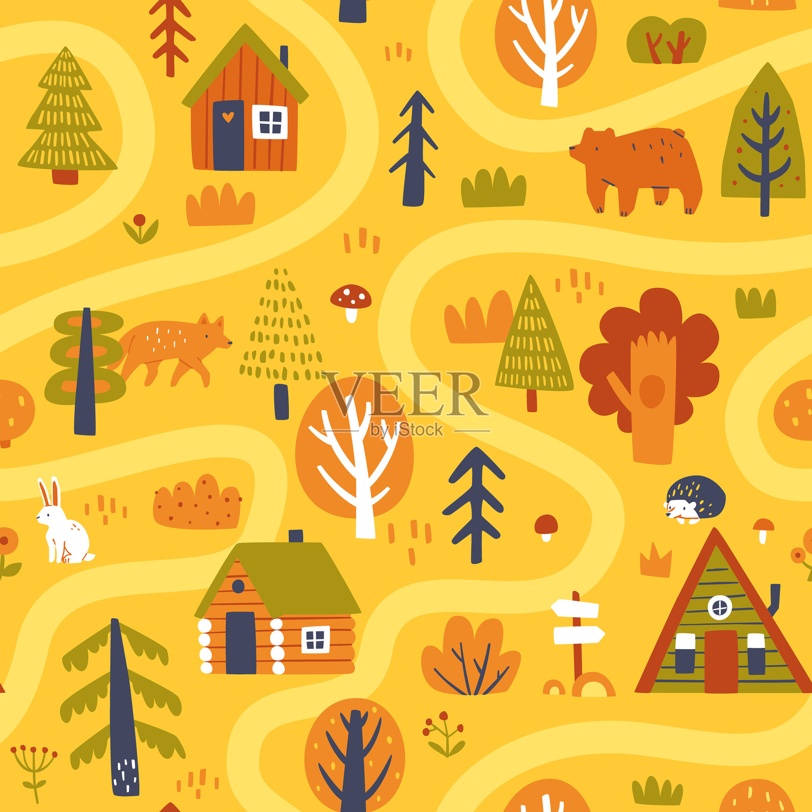 秋季山谷地图图案。带有秋季景观的无缝矢量印花。插画图片素材