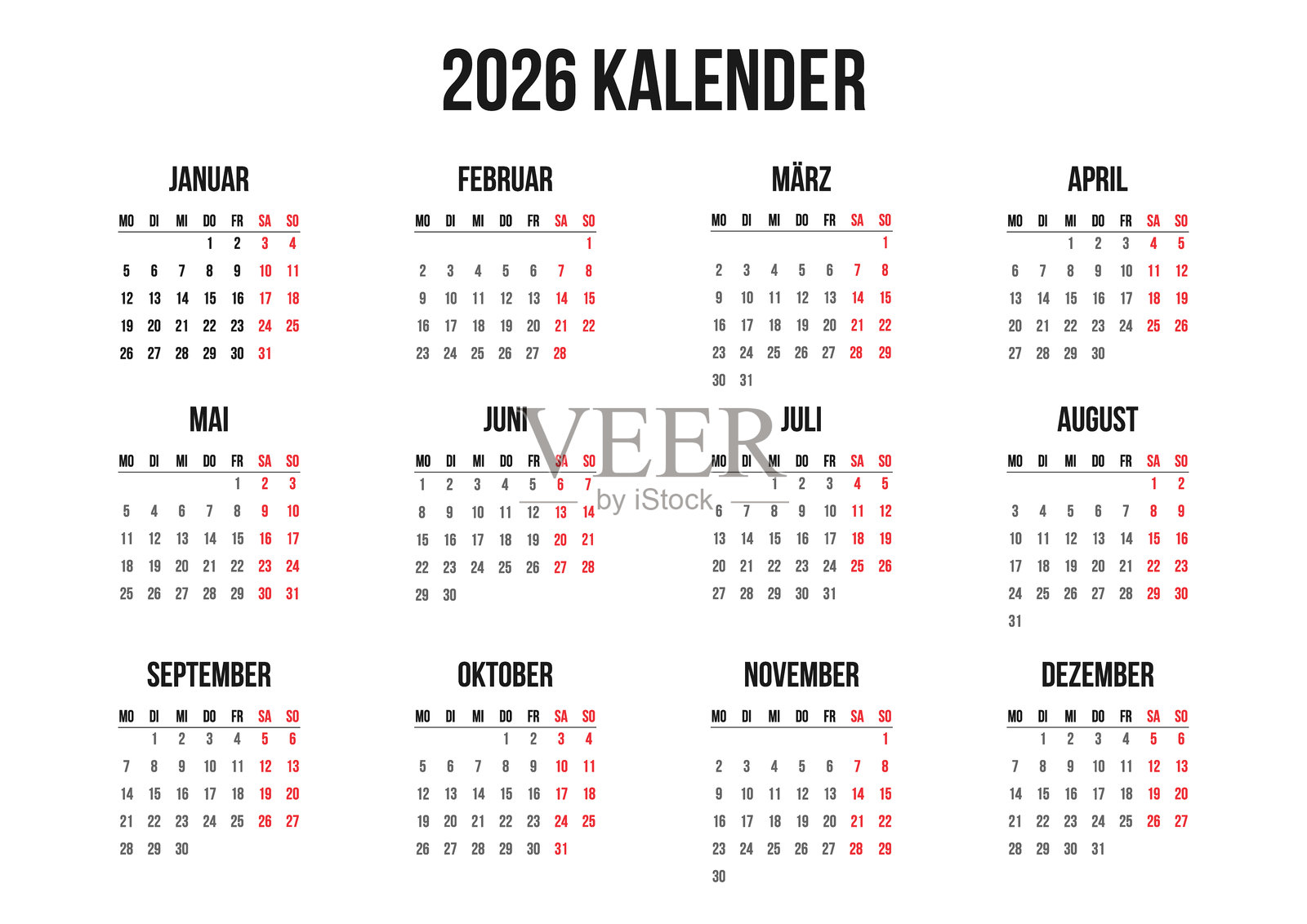 经典的2026年德国年度日历,横向页面A4模板,简约设计。德语日历,墙面或桌面年历计划表插画图片素材