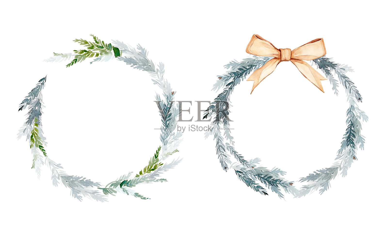 水彩圣诞花环套装,包含绿叶和蝴蝶结,用于邀请函和贺卡的节日圆形边框插画图片素材