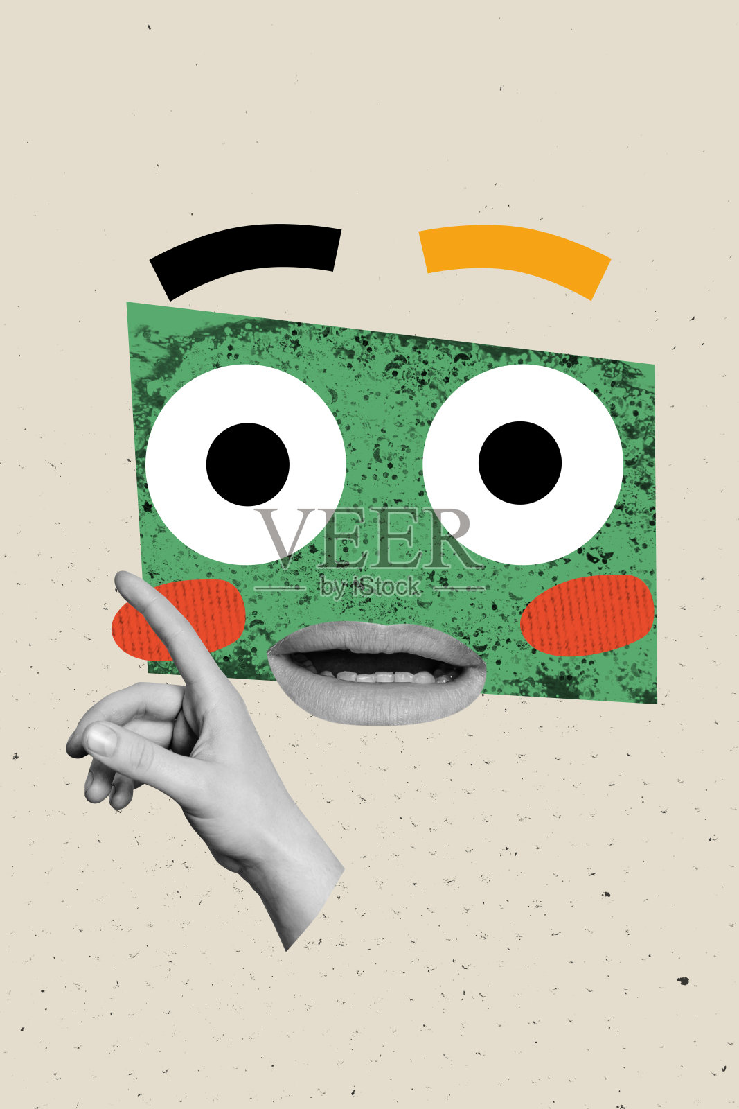 艺术品 3D 拼贴潮流模板,肖像脸部、眼睛、手表、震惊的手指、张开嘴的卡通人物、情绪草图、表情照片摄影图片