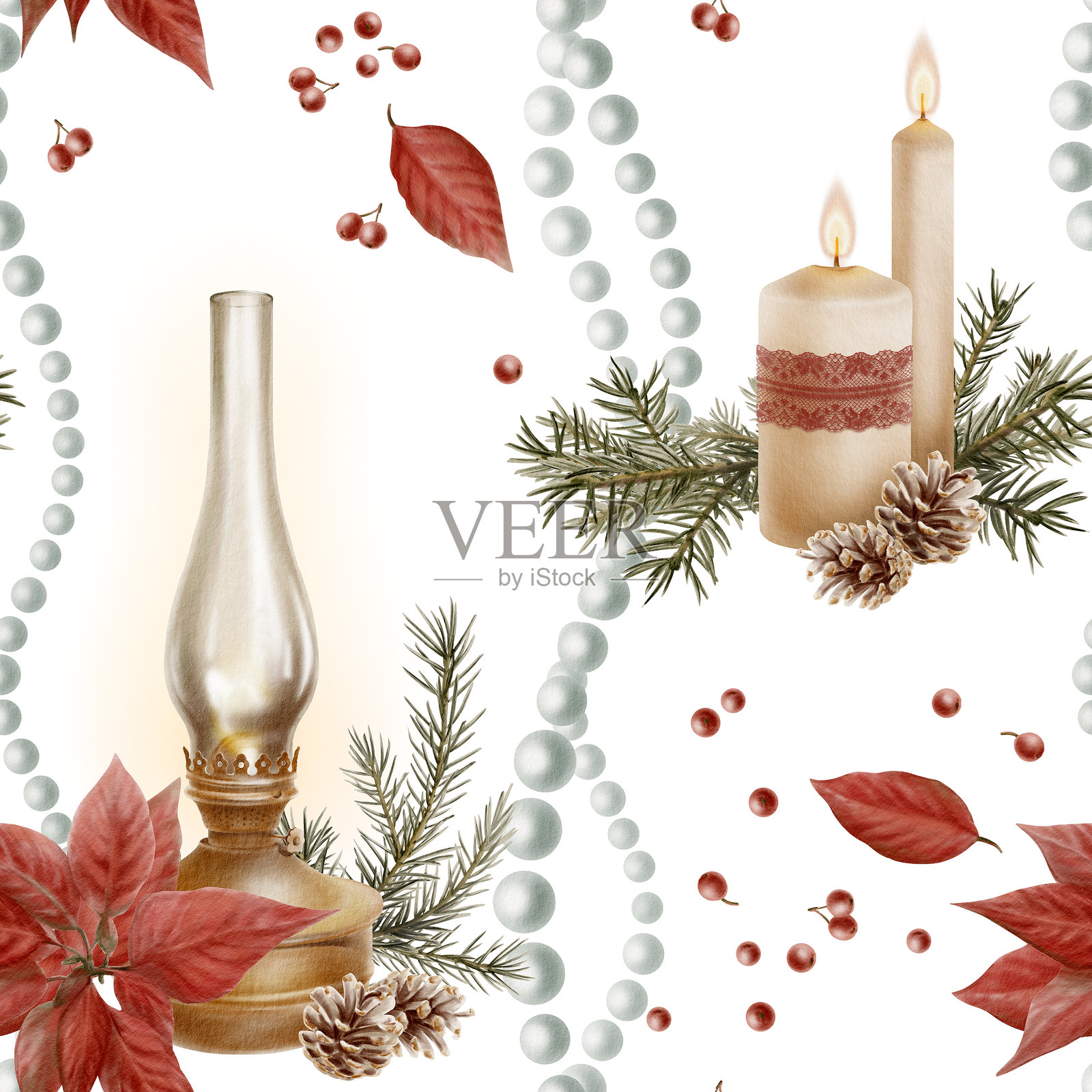 圣诞节无缝图案-复古发光灯笼,配有红色一品红、云杉枝、松果和浆果、带火焰的蜡烛、红色镂空蕾丝缎带、珍珠珠子。水彩手绘插画插画图片素材