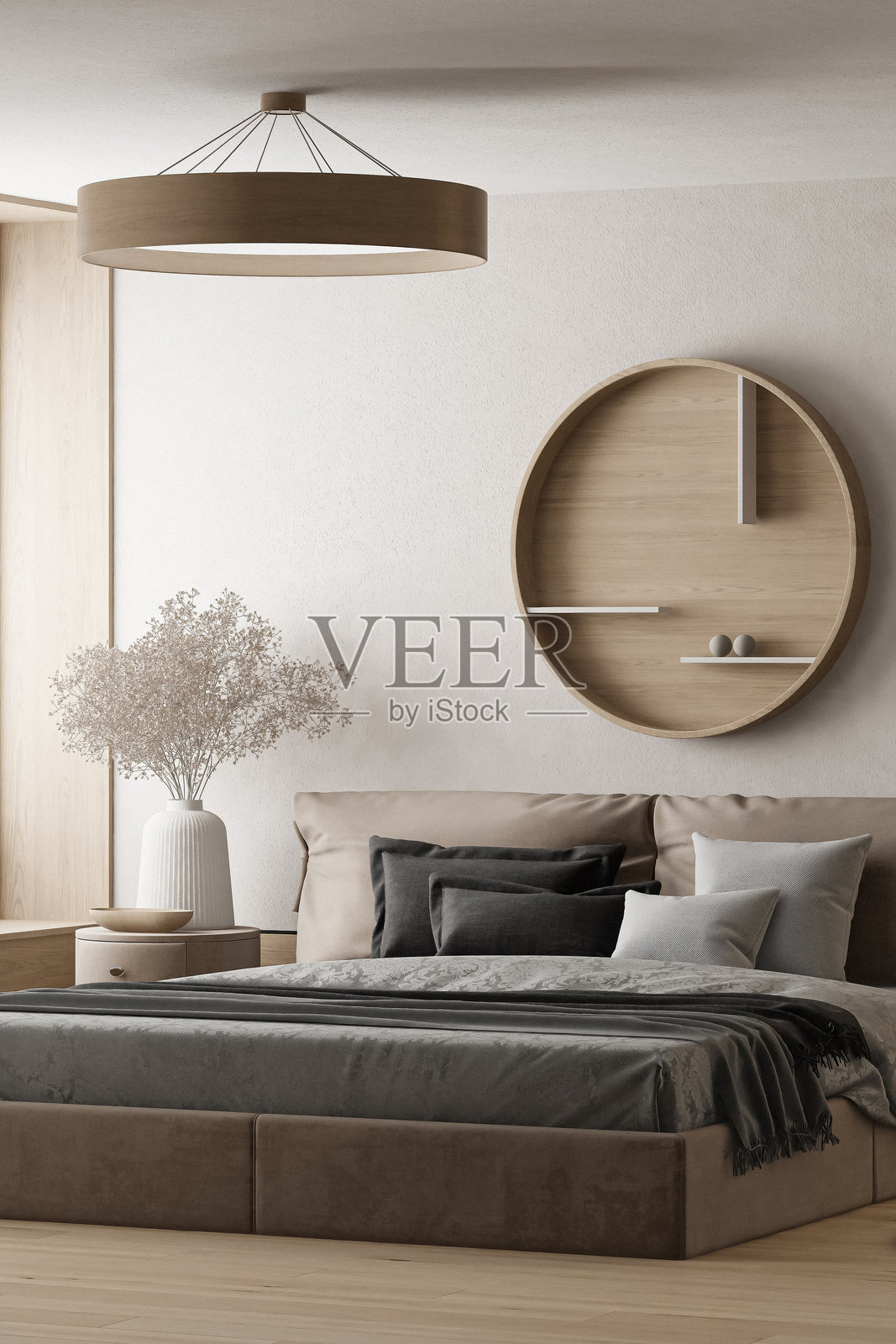 日式与北欧混搭风格的卧室,采用天然材料和极简主义风格照片摄影图片