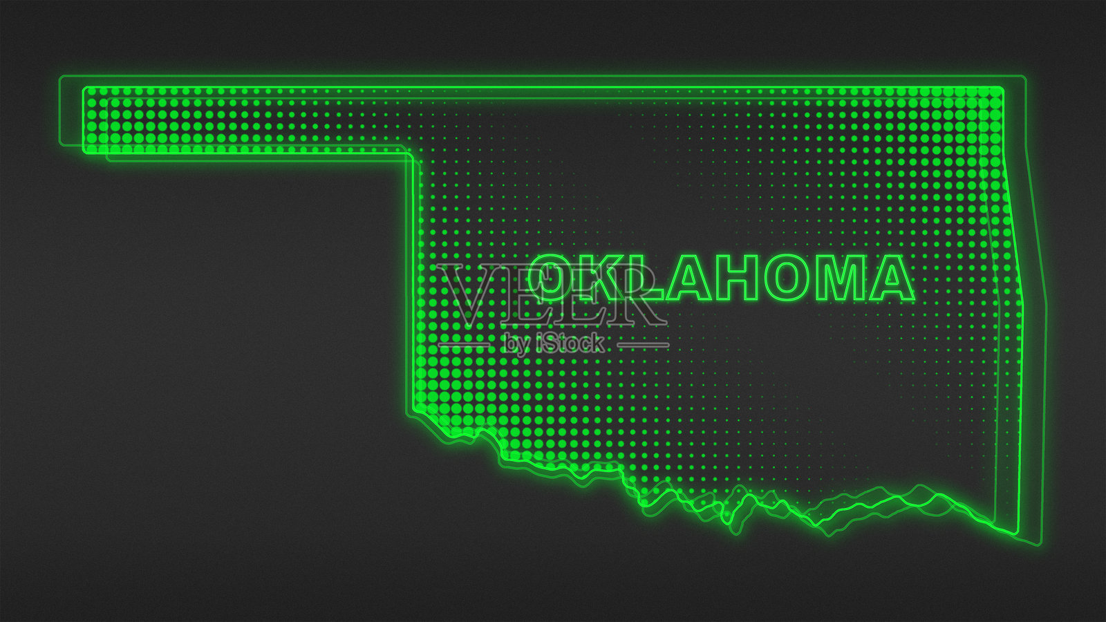 霓虹绿俄克拉荷马州地图轮廓,未来数字辉光半调插画插画图片素材