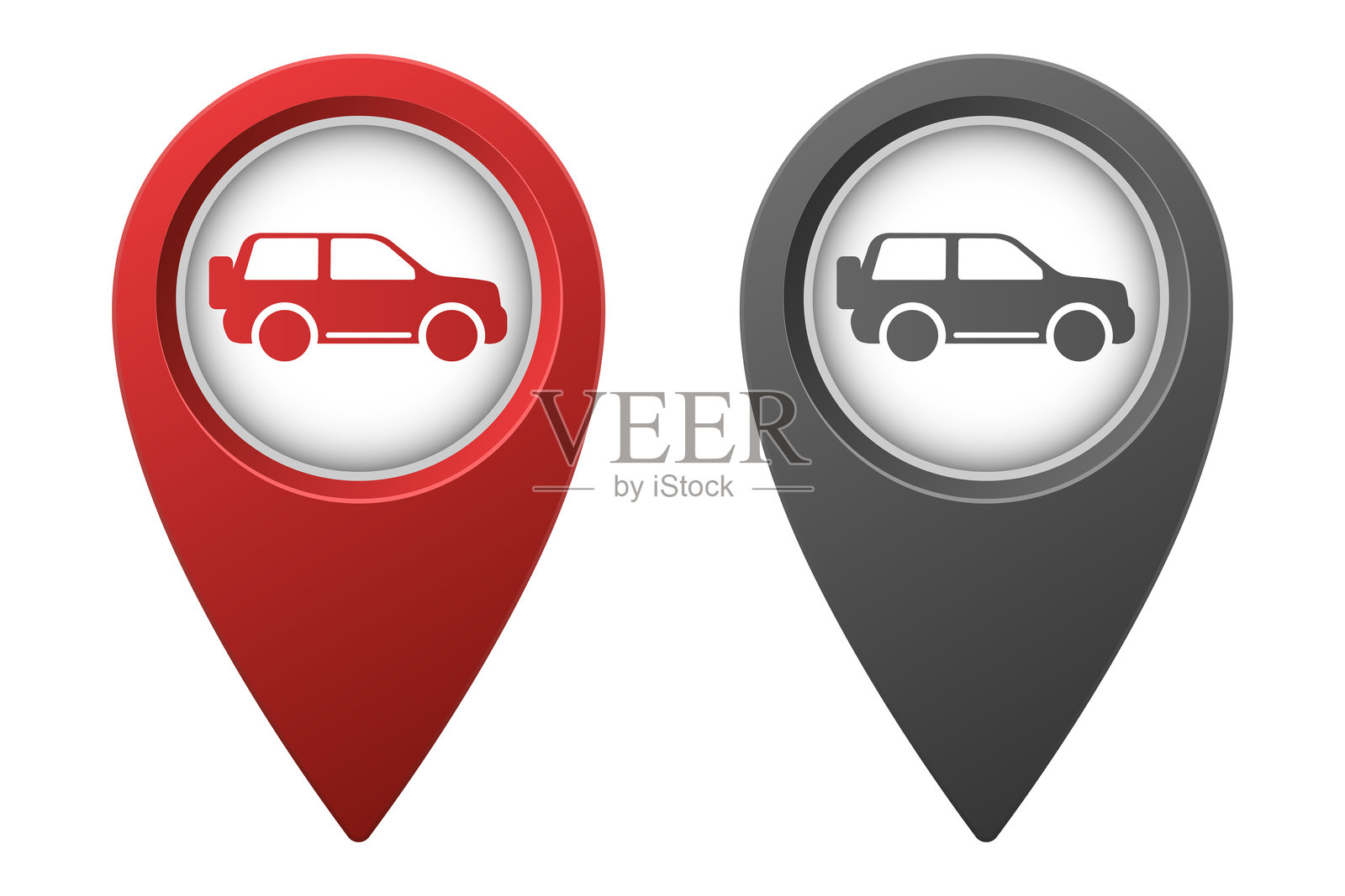 活跃的红色和不活跃的灰色地图指针或标记,带有 SUV 汽车图标插画图片素材