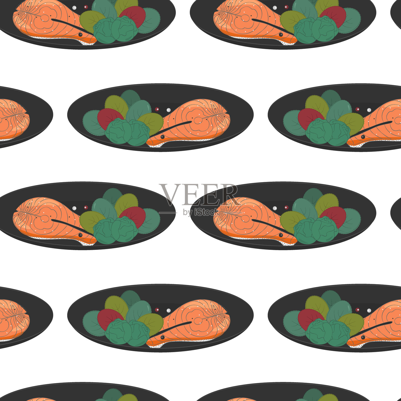 三文鱼排、抱子甘蓝和沙拉叶的无缝图案,健康食品海报背景设计插画图片素材