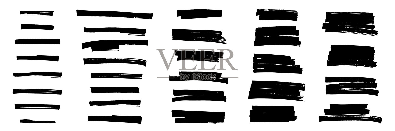 黑色荧光笔线条孤立在白色背景上。各种不同长度和粗细的手绘荧光笔笔触集合。逼真的矢量图形现代设计元素插画图片素材