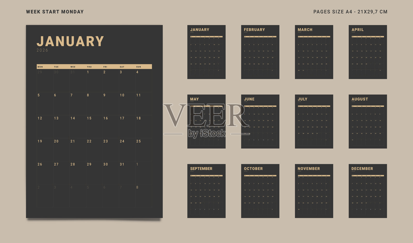 2026日历规划模板,包含12个月页面,适用于企业或个人。垂直网格矢量布局,可用作墙面或桌面日历,黑色深色调。周一作为一周开始,支持打印。页面尺寸A4。插画图片素材