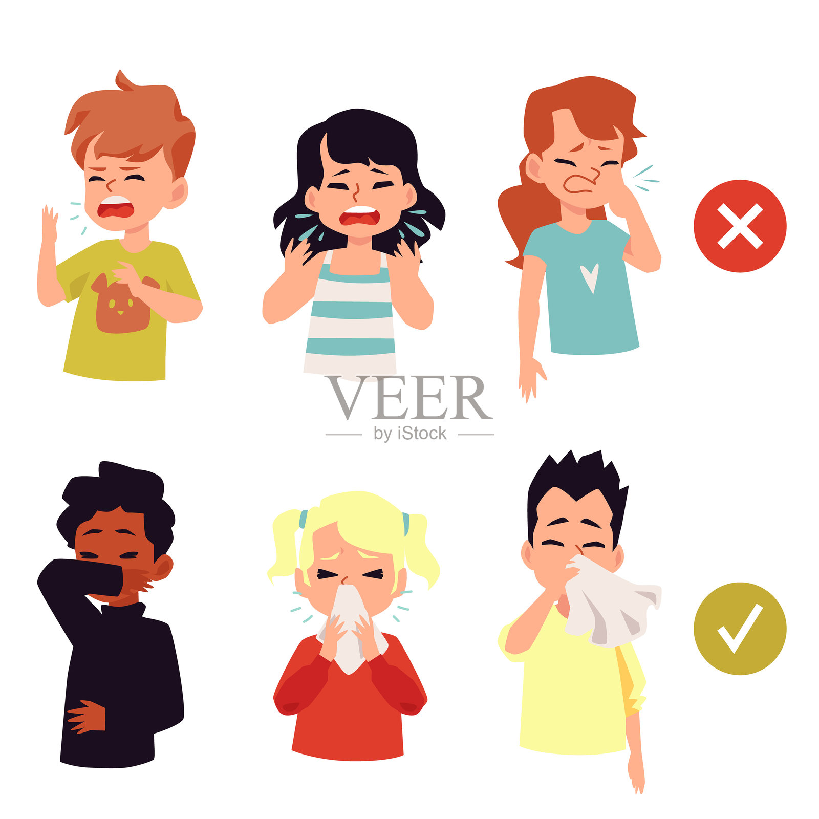 生病的儿童咳嗽和打喷嚏,扁平化矢量插画,孤立在白色背景上。插画图片素材