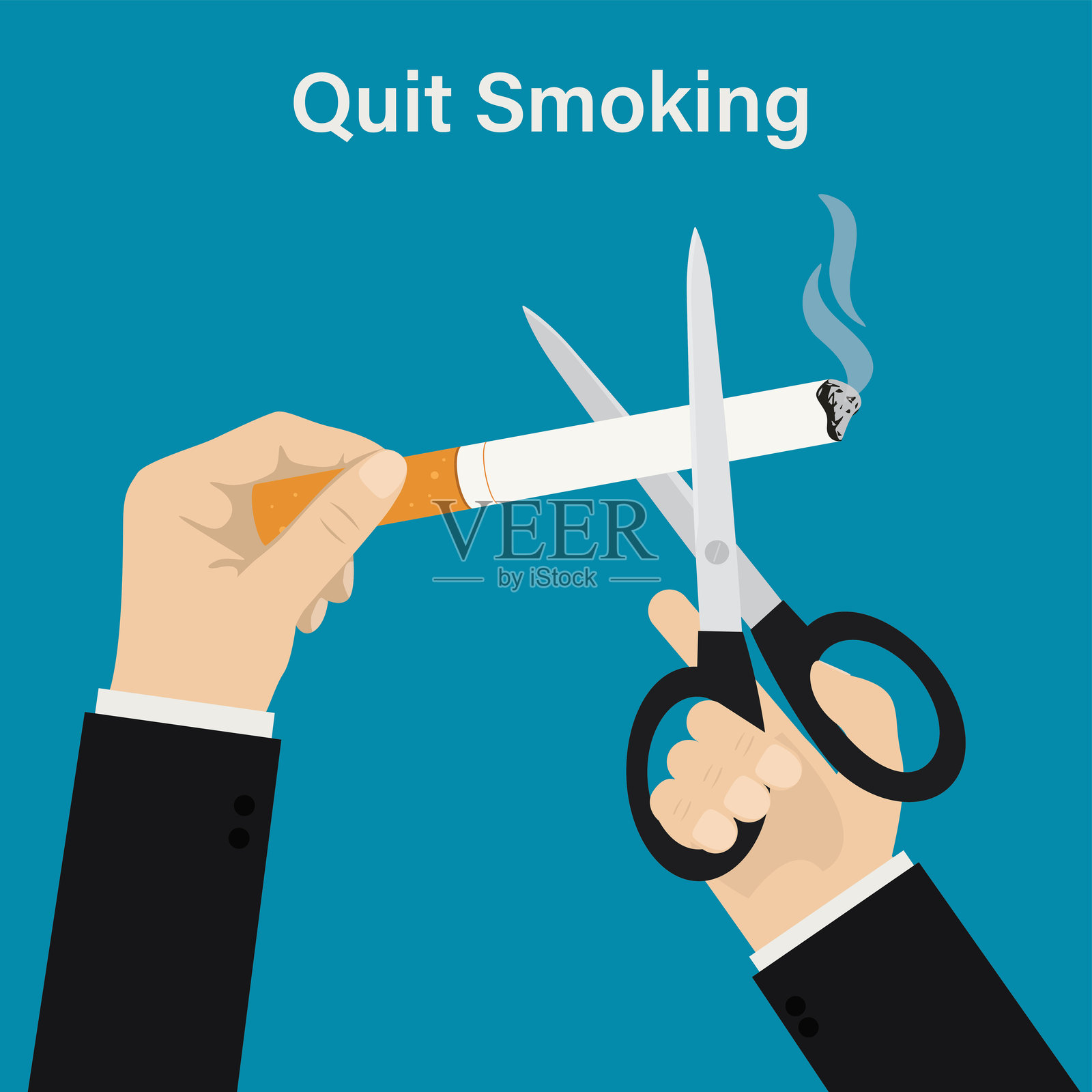用剪刀剪断香烟。停止吸烟的象征。烟草滥用,禁止吸烟的概念。拒绝香烟的提议。男子克服尼古丁成瘾,成功戒烟插画图片素材