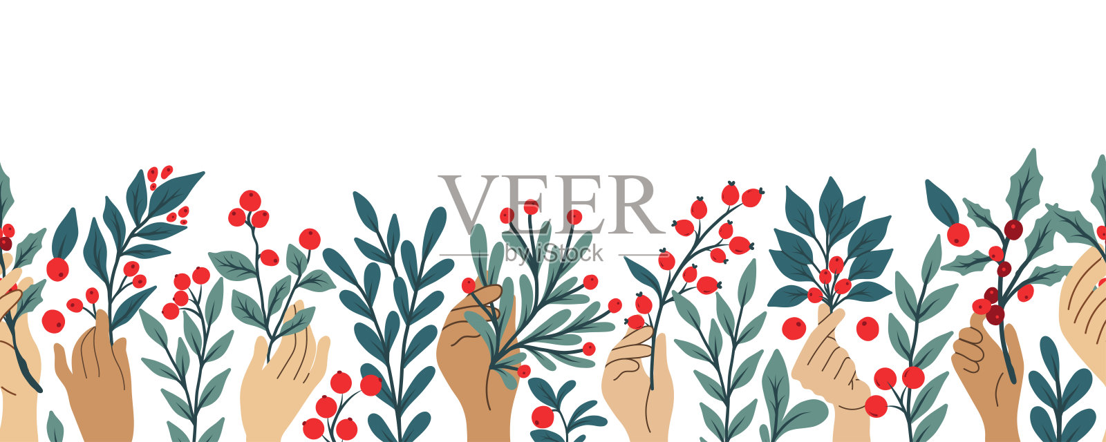 一个人拿着一帧绿色叶子和红色浆果的图案。矢量无缝插图。用于明信片或横幅的植物设计。插画图片素材