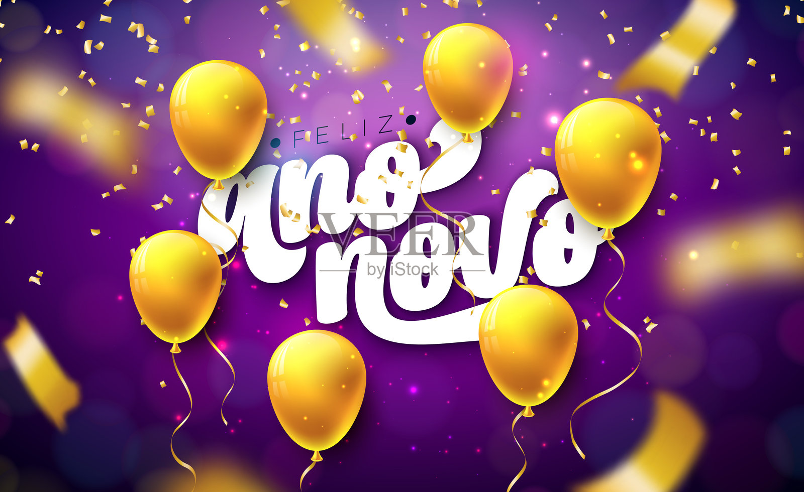 新年快乐派对气球横幅,背景为飘落的五彩纸屑,配有白色字体。葡萄牙语“Feliz Ano Novo”矢量图,适用于圣诞节日贺卡、日历、传单、横幅、派对邀请函或庆祝活动。插画图片素材