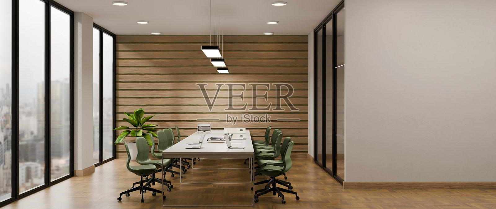 现代会议室,配有绿色椅子和城市景观窗户照片摄影图片