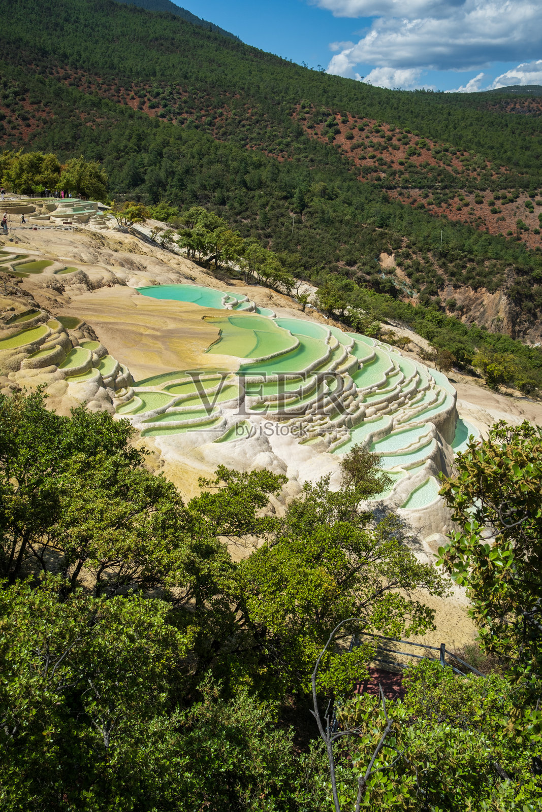 从空中俯瞰中国云南香格里拉附近的白水台。天然石灰岩水池,池水呈绿松石色,四周环绕着森林覆盖的山坡。照片摄影图片