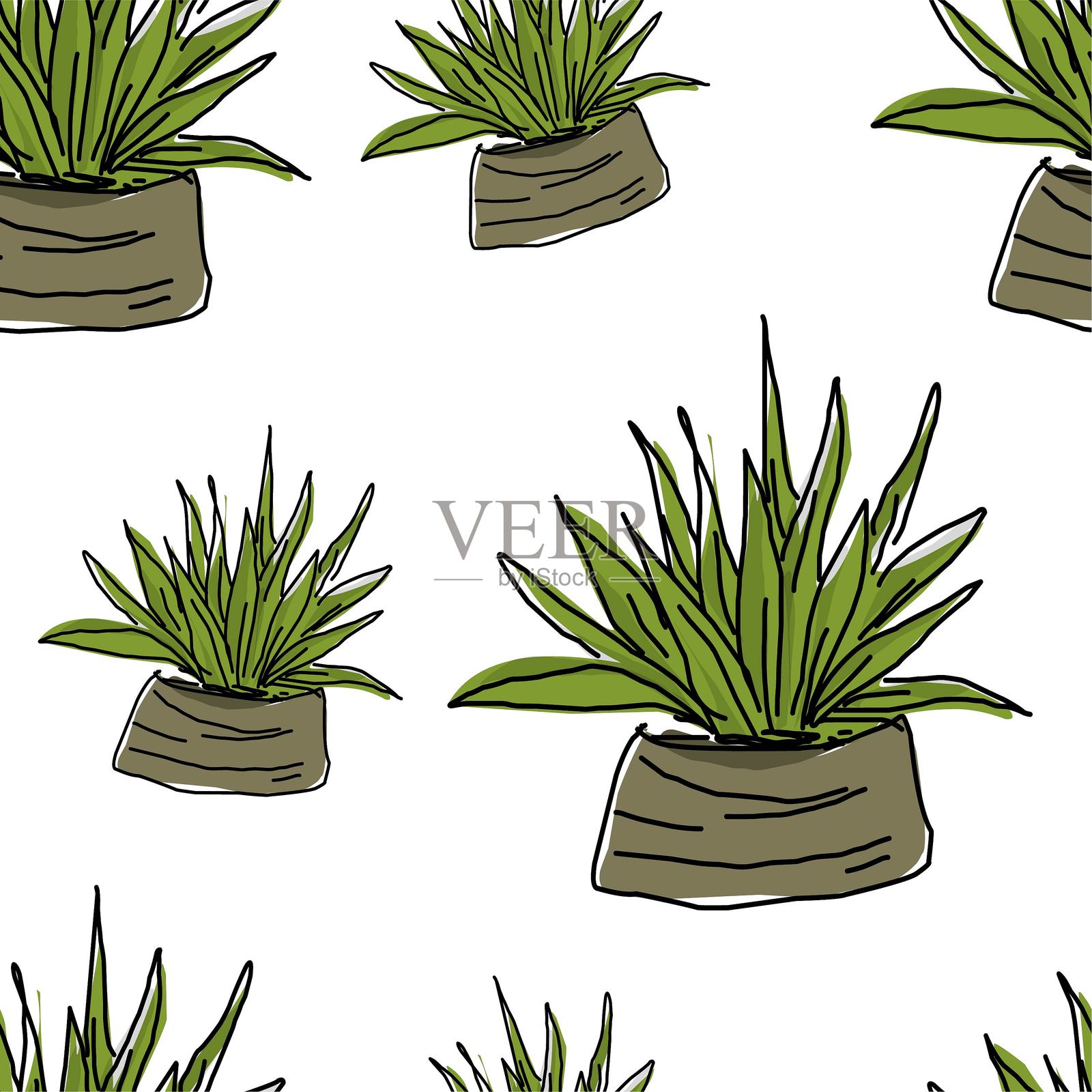 盆栽植物的卡通插画无缝图案插画图片素材