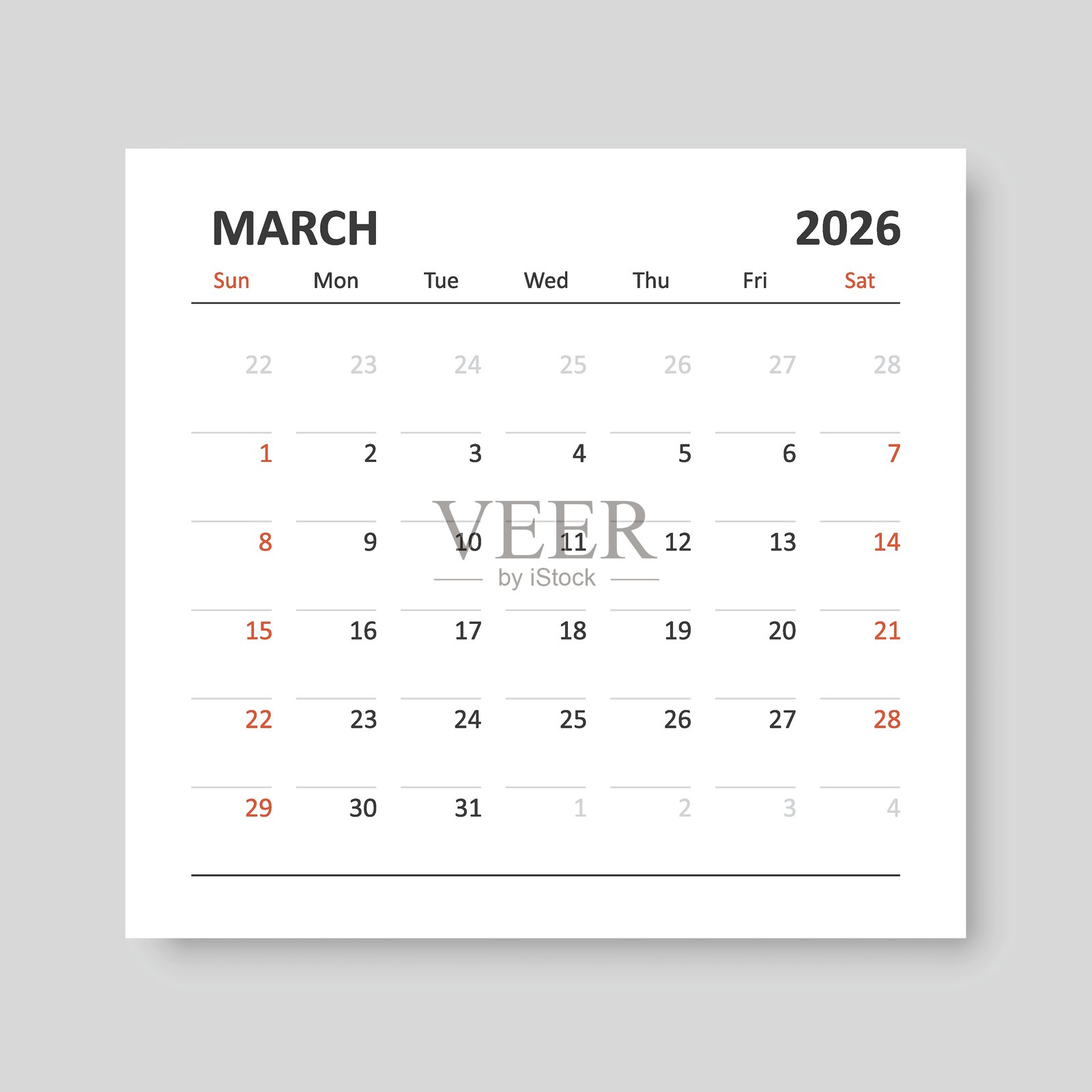 日历 2026年3月 图标,扁平化风格。规划器矢量图,孤立的背景。日历标志,商业概念。插画图片素材