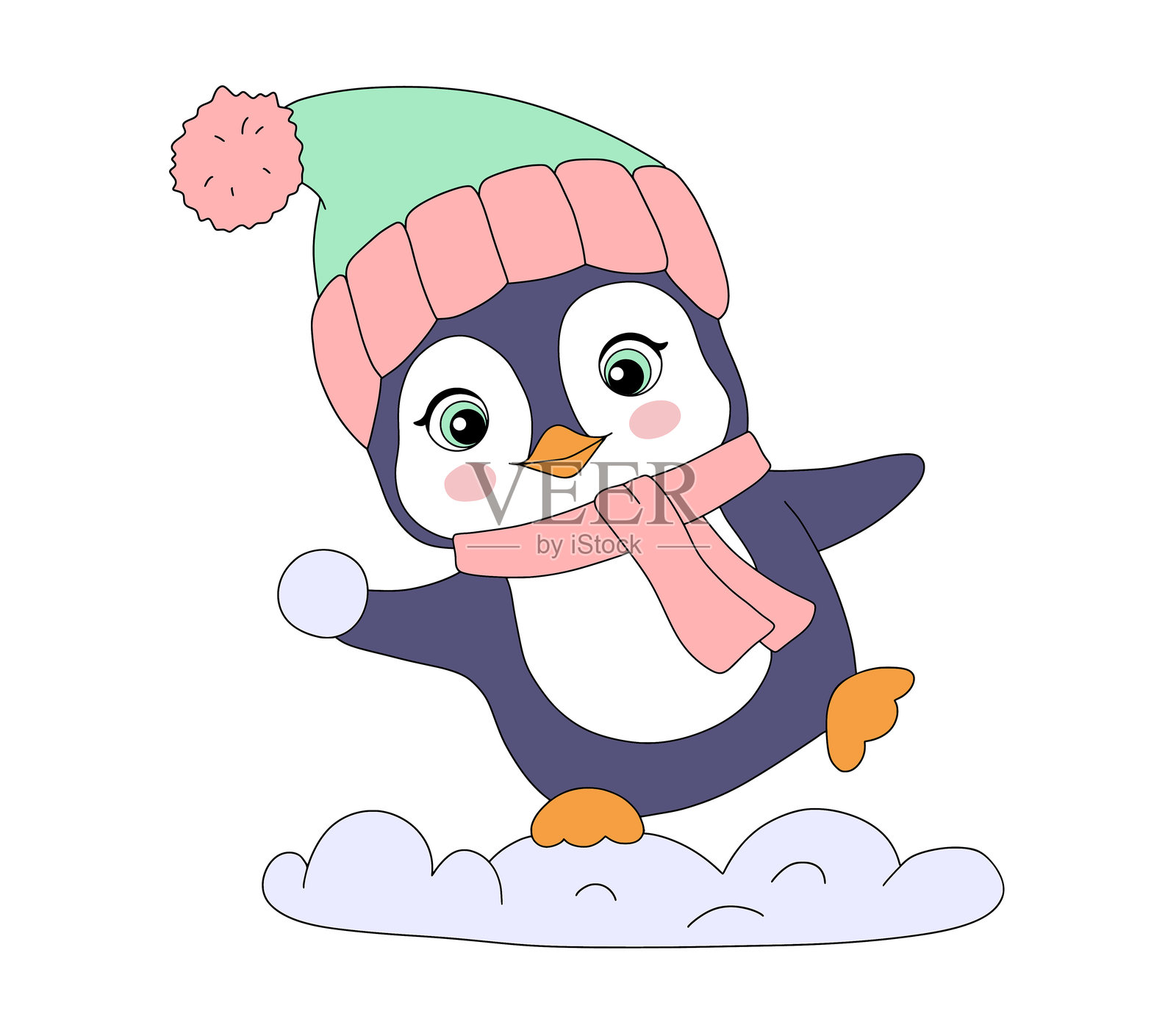 可爱卡通企鹅玩雪球,戴着红帽子和围巾的宝宝动物,冬季活动,儿童扁平插画,婴儿插画图片素材