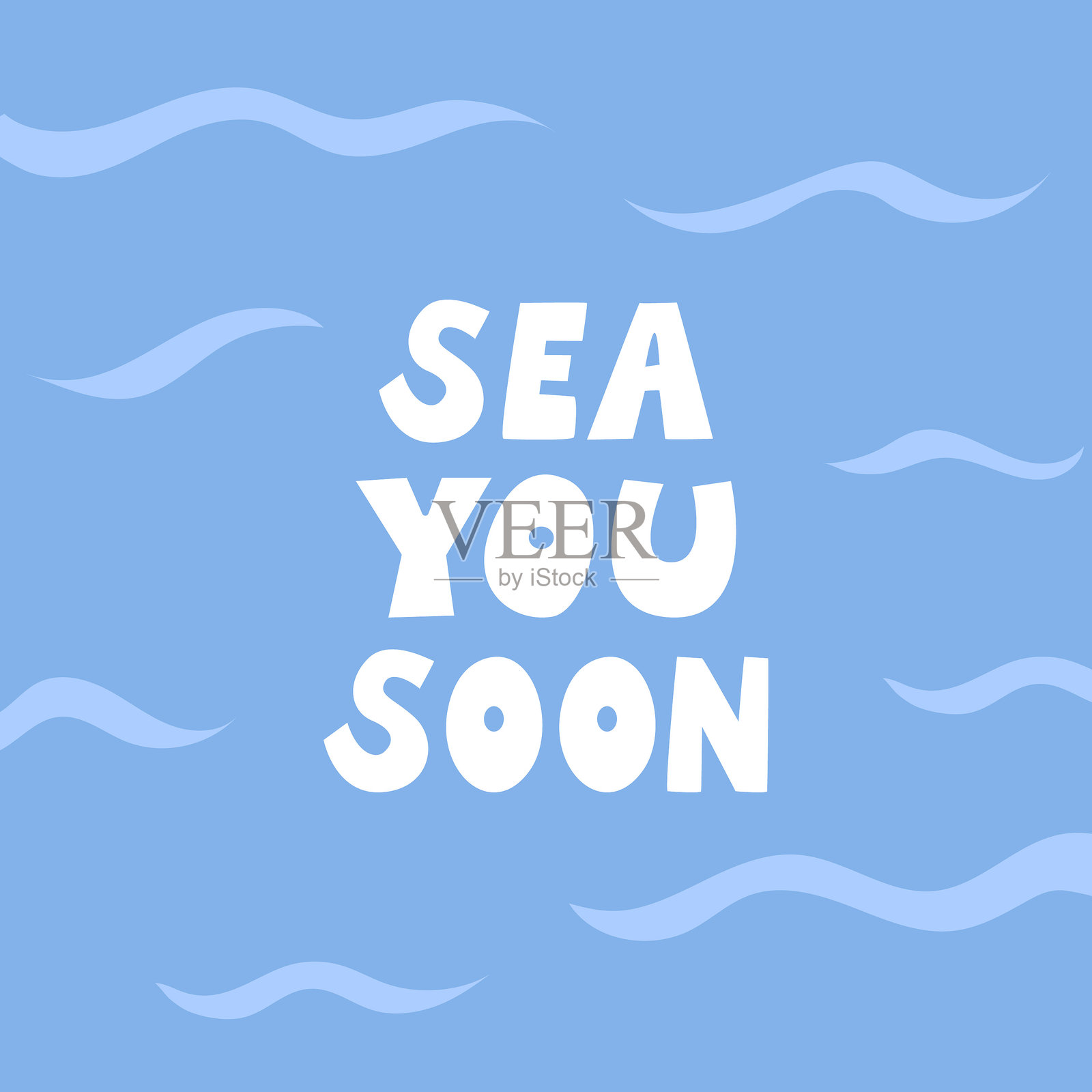 夏日贺卡,印有“sea you soon”的字样,背景为海蓝色。插画图片素材