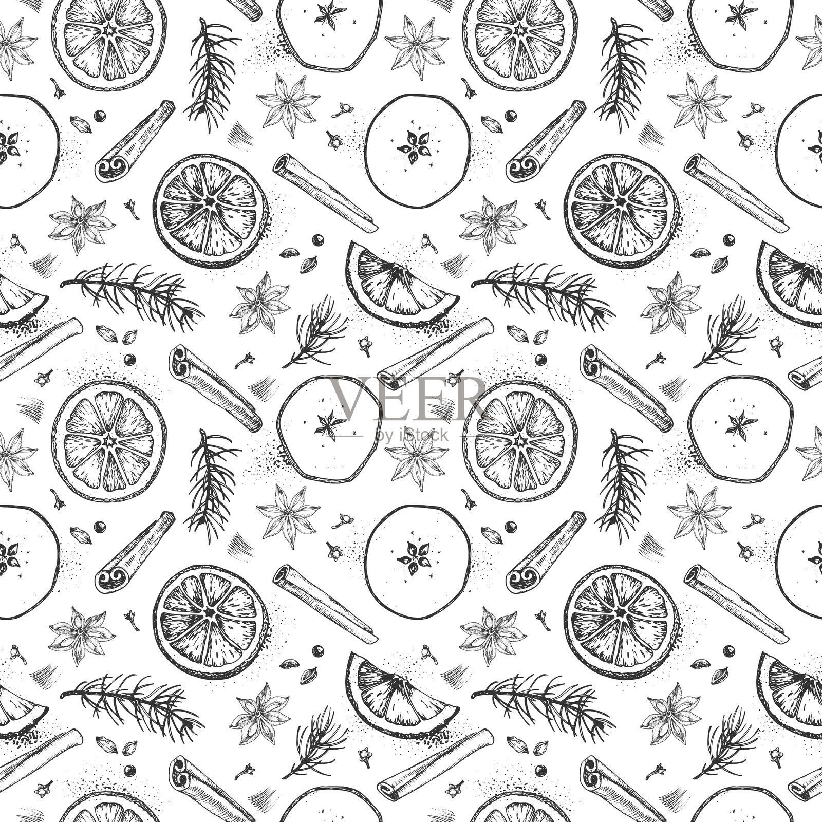 热红酒。圣诞节手绘矢量无缝图案,包含热红酒的配料:肉桂、八角、干苹果和橙子、丁香、豆蔻和冷杉枝。插画图片素材