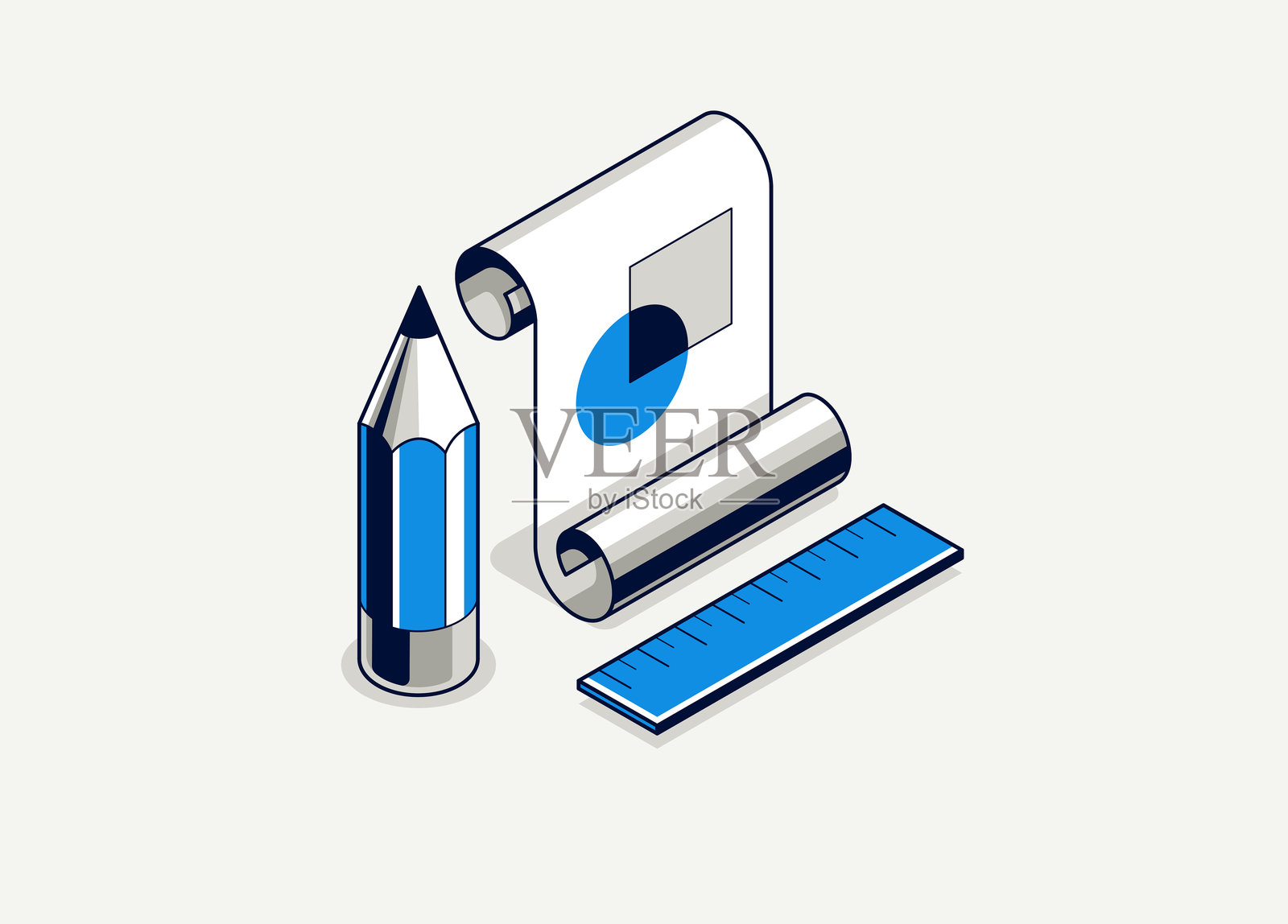 工程项目概念,带有铅笔的纸质文件蓝图插画图片素材
