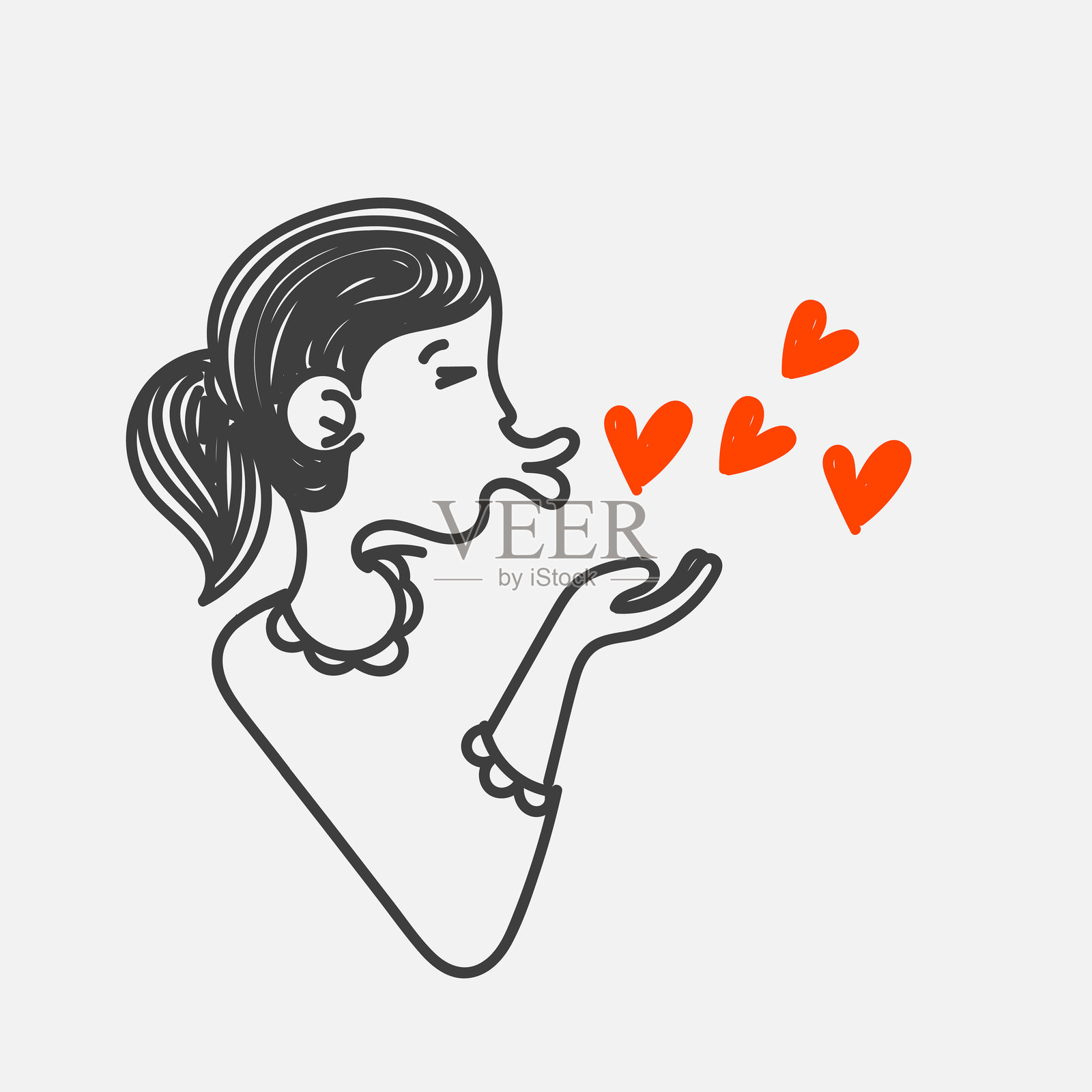 卡通可爱女孩嘟嘴送飞吻,涂鸦风格插画图片素材