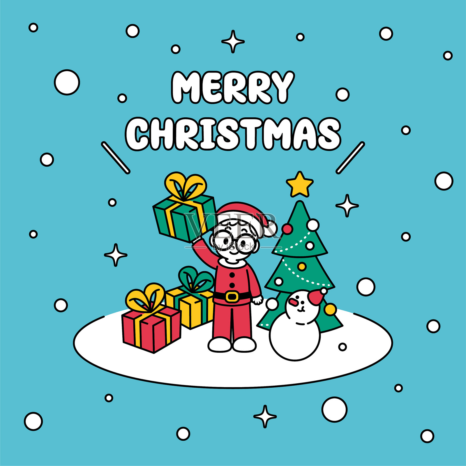 一个可爱的圣诞男孩穿着圣诞或新年服装,带着雪人、圣诞树,送着礼品盒,祝大家圣诞快乐插画图片素材