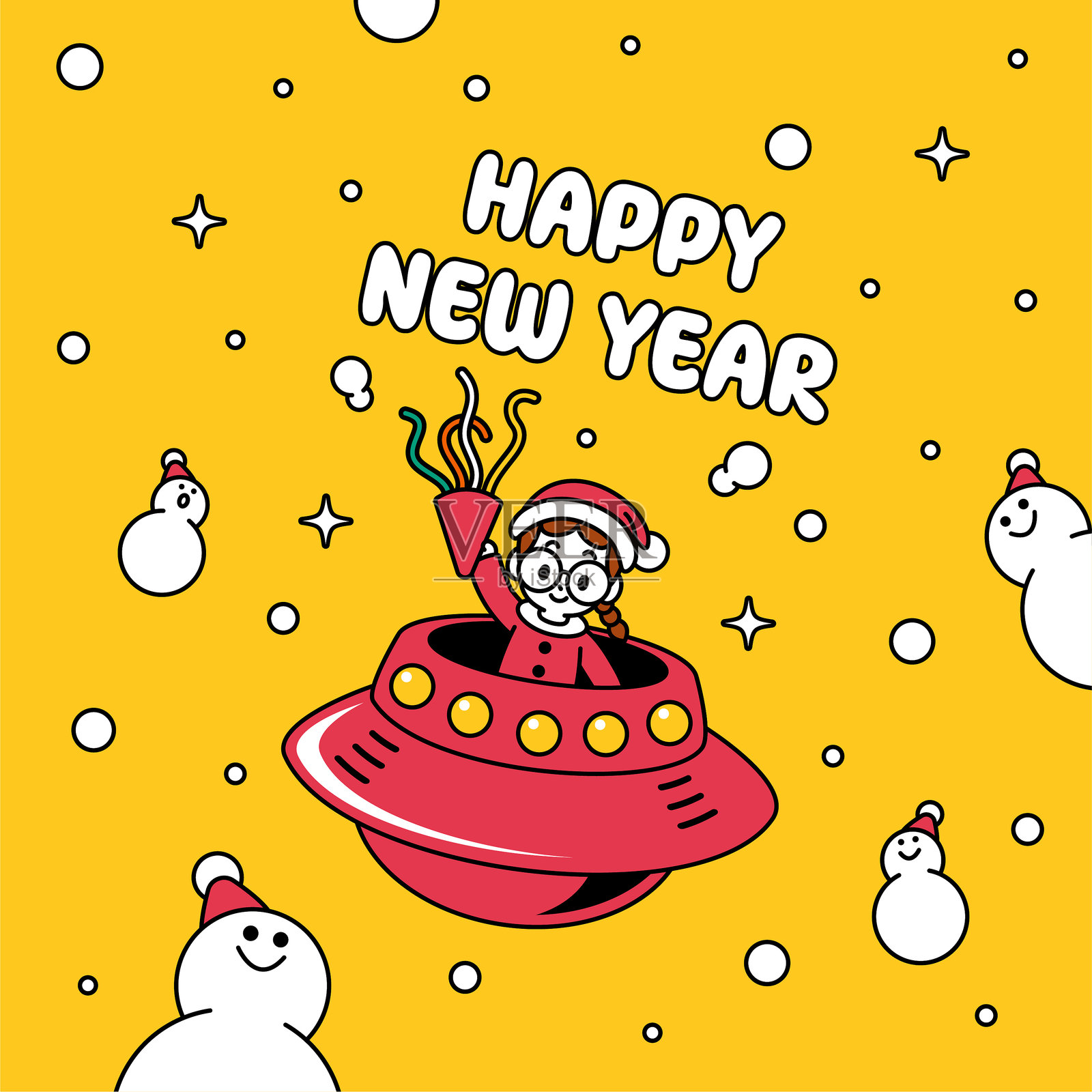 一位可爱的圣诞女孩,身着圣诞或新年服饰,周围有许多雪人,她微笑着拉响礼花筒,庆祝新年,祝大家新年快乐。插画图片素材