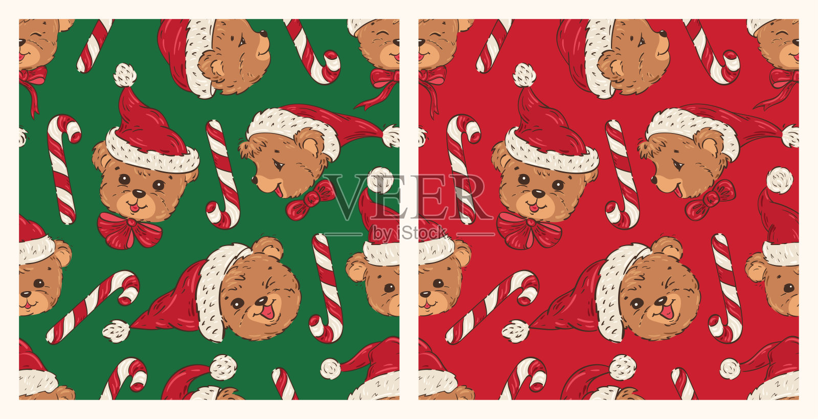 圣诞节绿色和红色无缝图案矢量集,描绘了戴着圣诞帽、拿着拐杖糖的可爱泰迪熊插画图片素材
