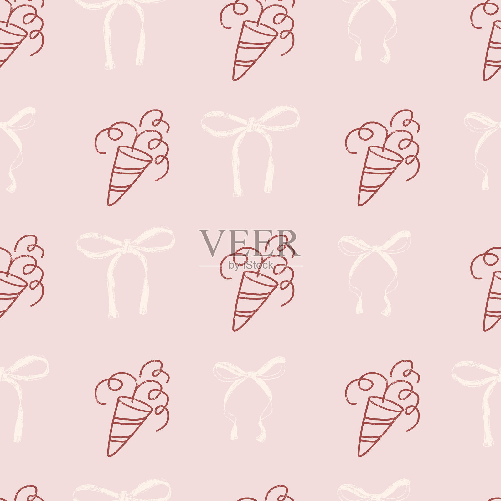 Coquette 派对粉色纸屑和蝴蝶结蜡笔无缝图案。纸屑爆竹,丝带无尽背景。少女重复封面。表面图案生日设计。矢量手绘插图插画图片素材