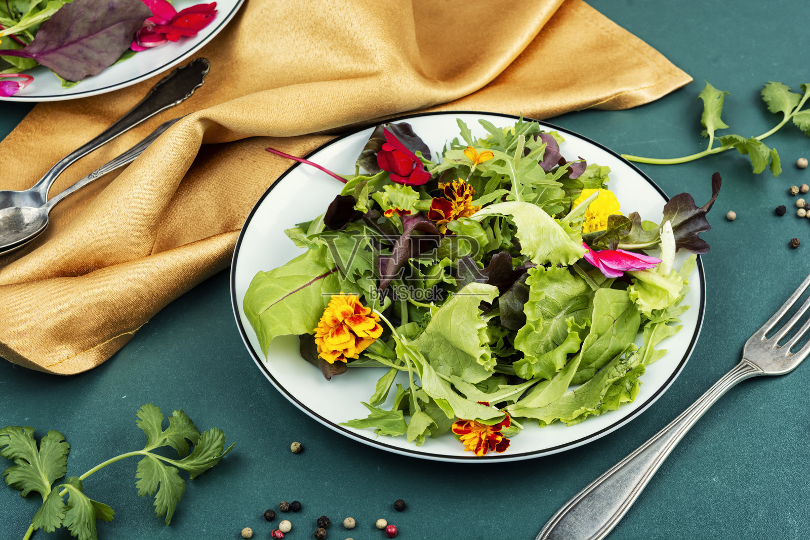色彩鲜艳的可食用鲜花沙拉照片摄影图片
