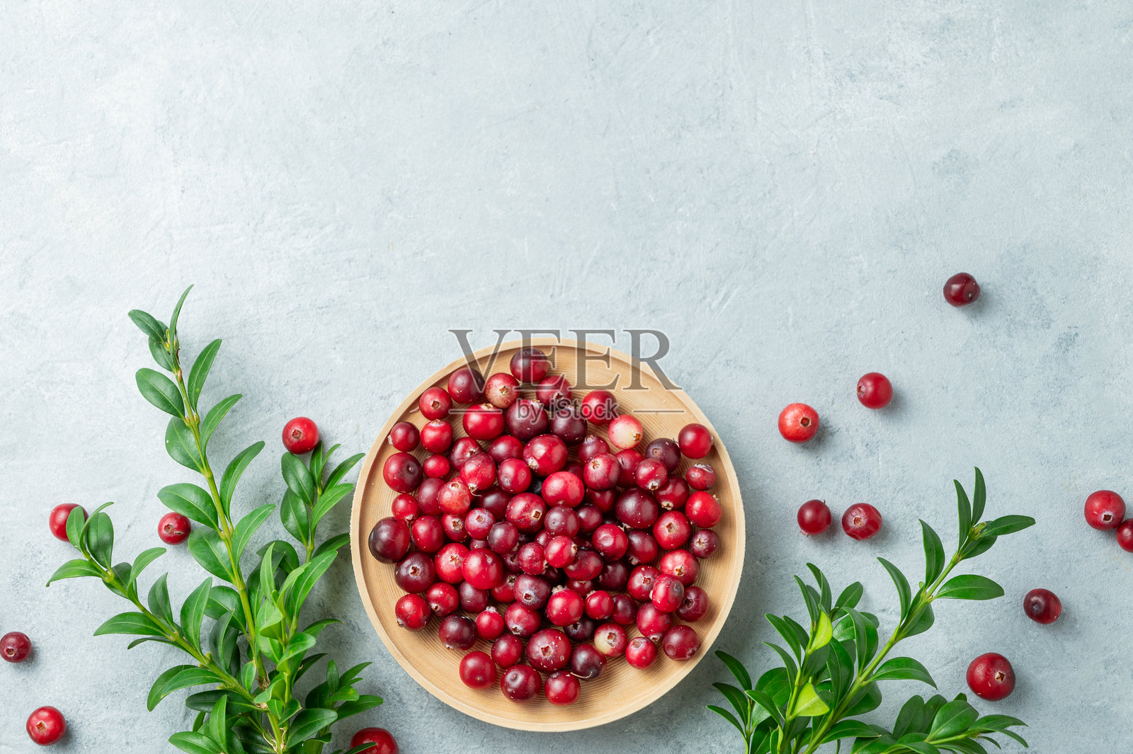 浅色背景上,一个木碗里盛放着新鲜蔓越莓,旁边点缀着绿色的枝叶,构图富有创意。照片摄影图片