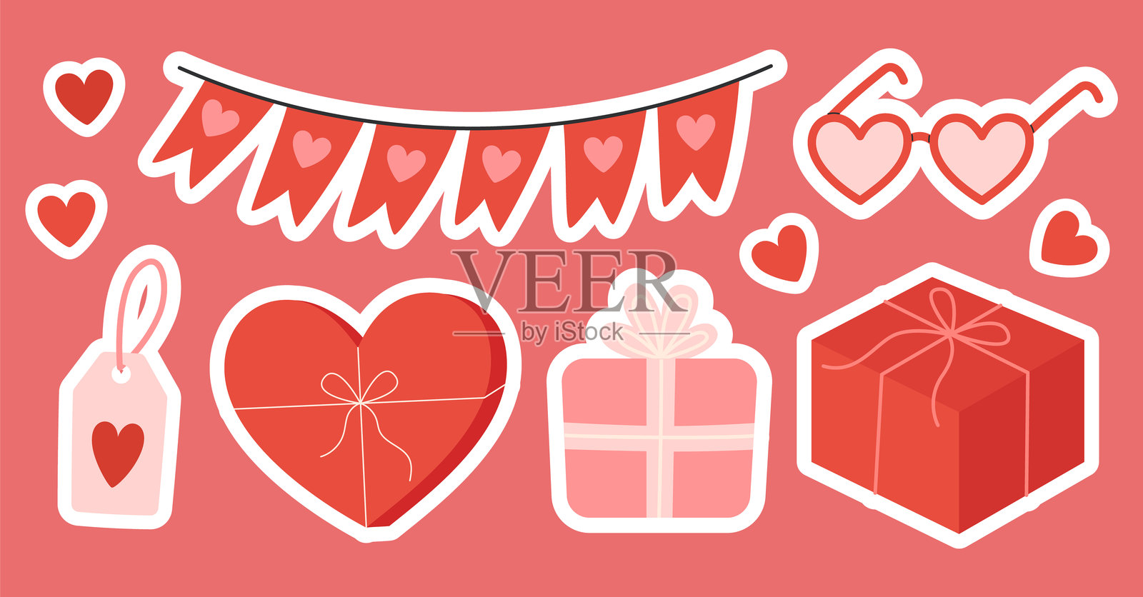 情人节庆祝贴纸包。红心、礼品盒和装饰套装。浪漫元素套装。爱。手绘扁平化矢量插画插画图片素材