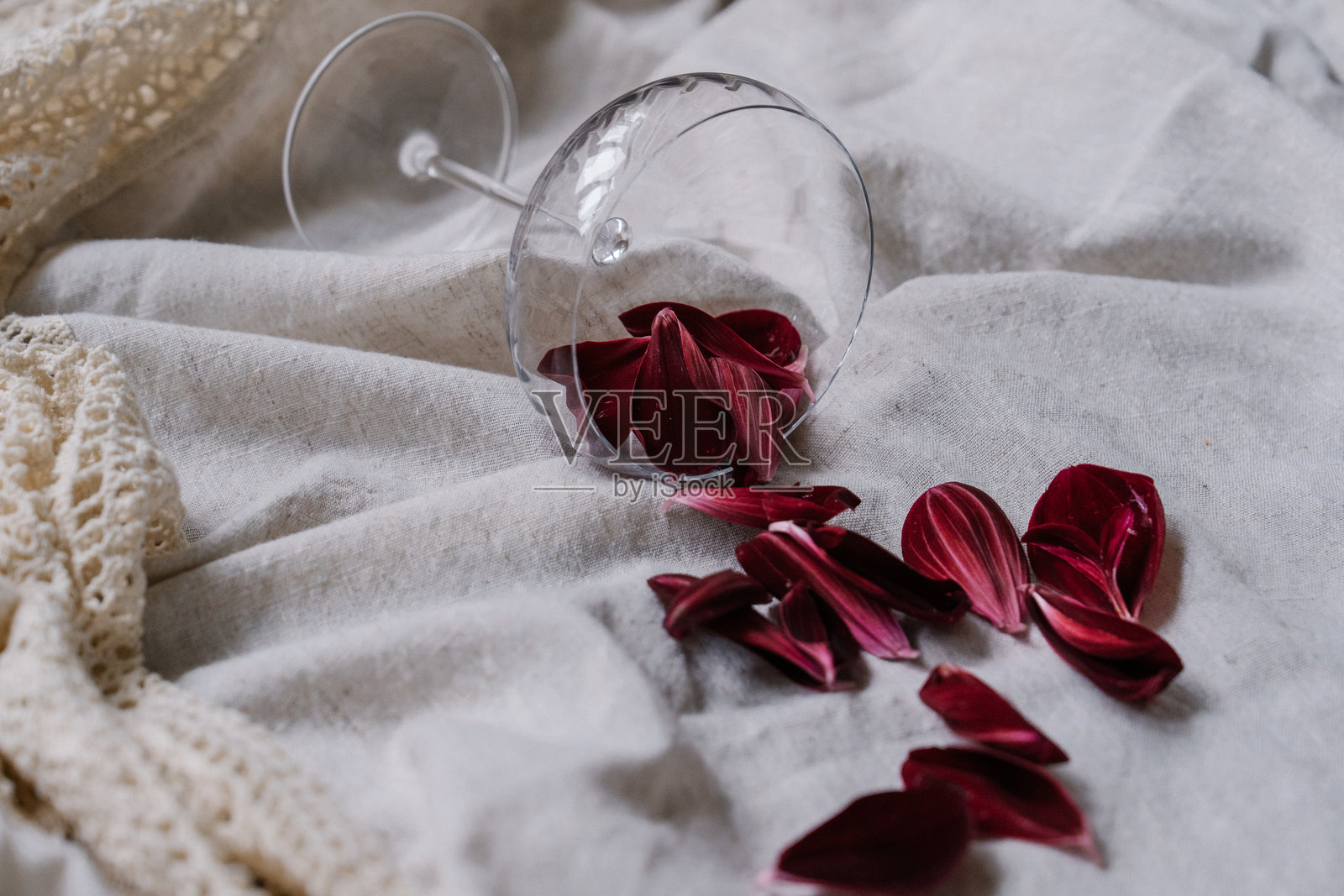 酒红色的花瓣从玻璃杯中洒落在米色亚麻布和蕾丝上。浪漫的构图。极简美学。照片摄影图片