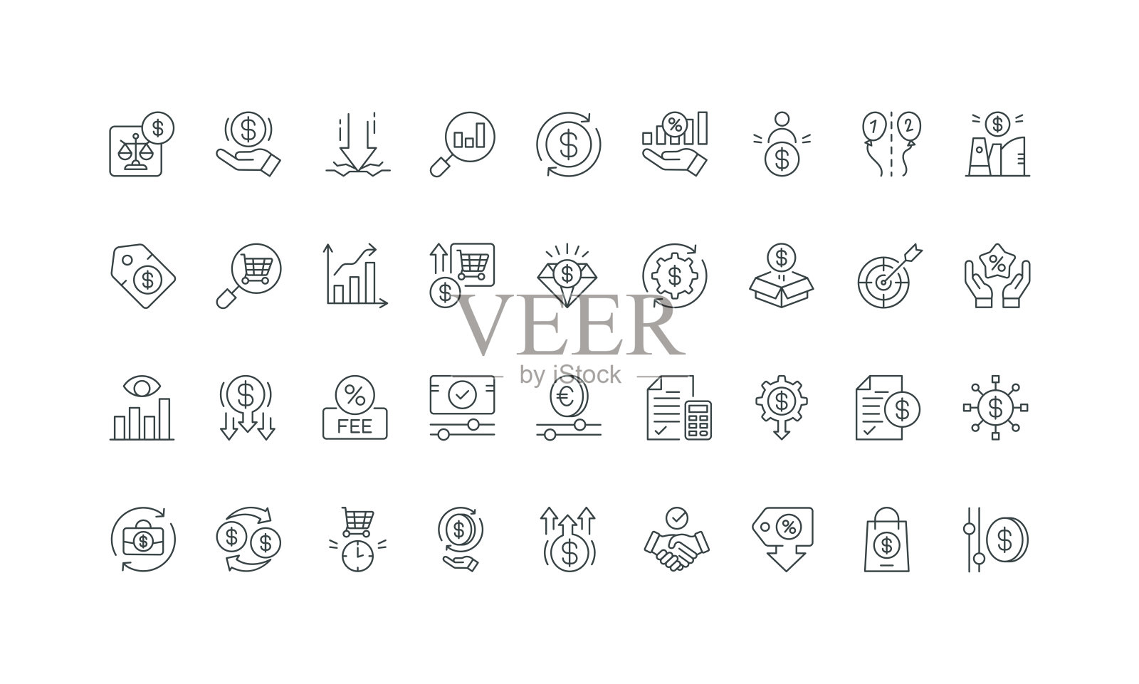 价格策略与优惠、费用、金钱交易、分析和预测线条图标集插画图片素材