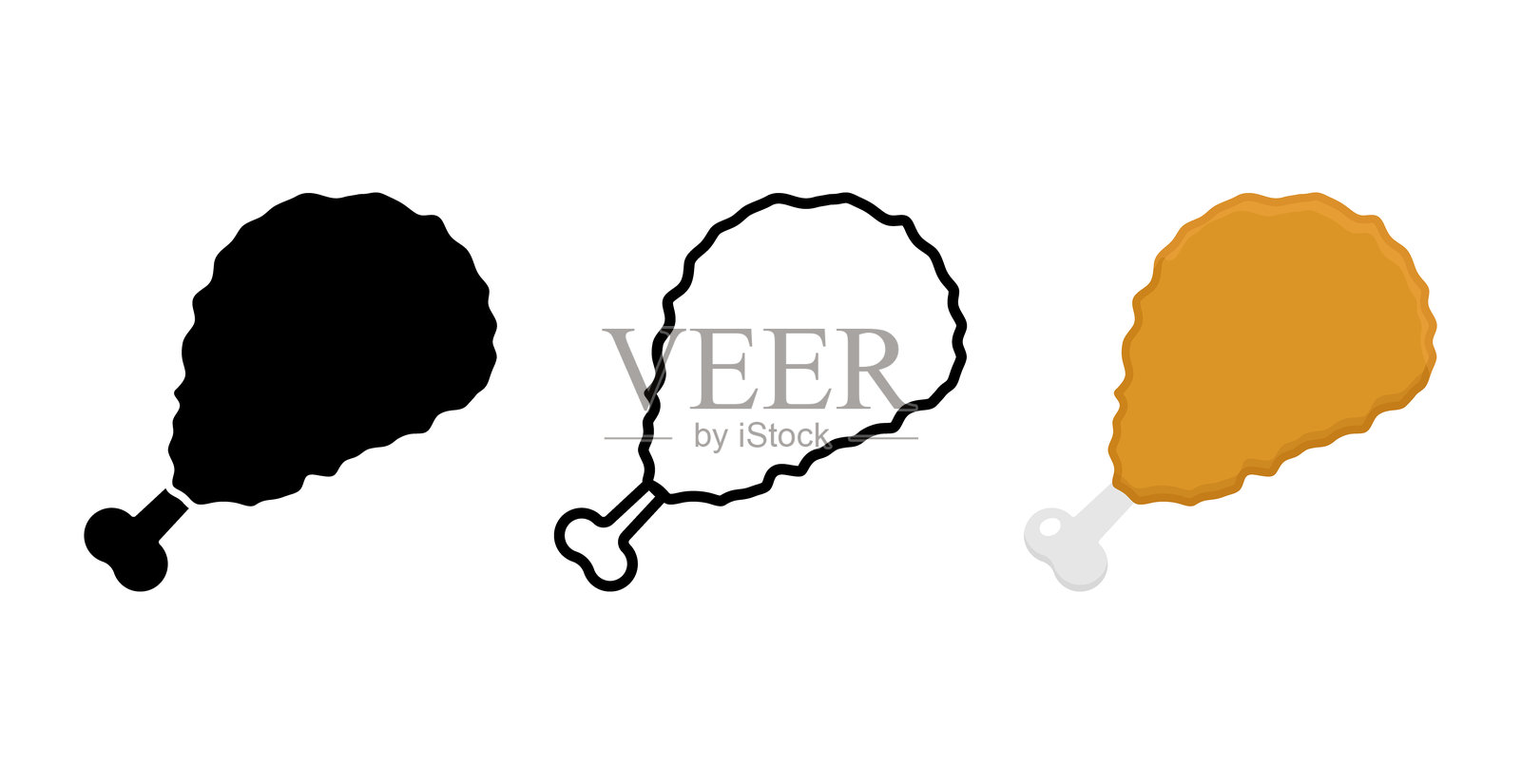 炸鸡图标集。酥脆快餐符号,孤立在白色背景上。扁平化。矢量图插画图片素材