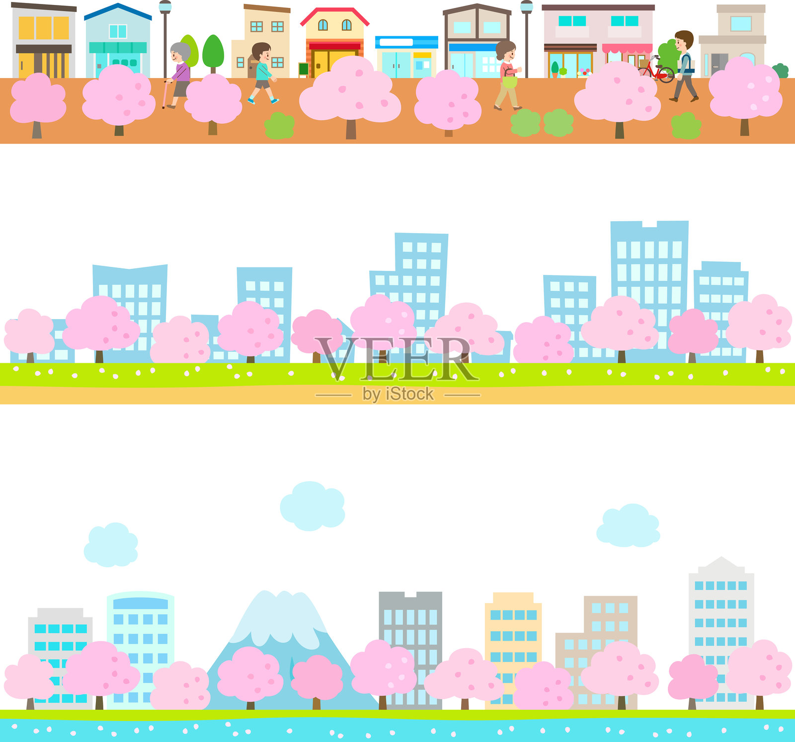 樱花树 lined 街道的横向插画插画图片素材