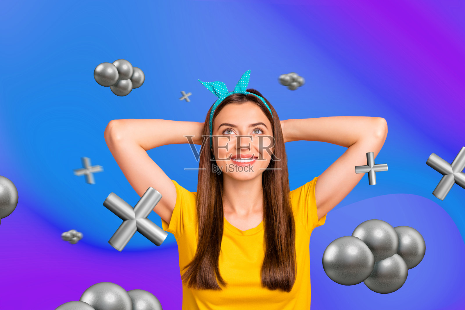 充满活力的设计,拼贴画展示了一位穿着鲜艳服装的快乐人士,周围环绕着三维抽象图形,表达了欢乐派对的情感照片摄影图片