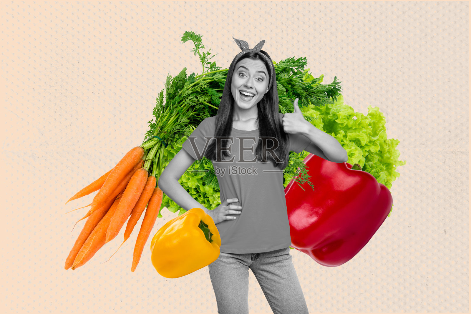 拼贴画:快乐的年轻人在胡萝卜、辣椒等蔬菜的环绕下,宣传健康饮食和生活方式照片摄影图片