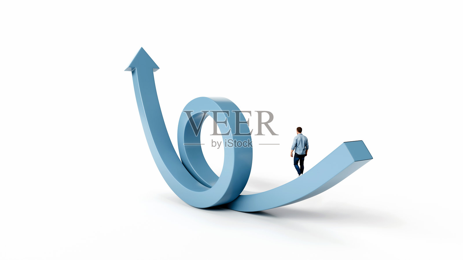 一个人走在一条直路上,路末端有一个完整的圆环和一个向上箭头,象征着坚持不懈,3D渲染照片摄影图片