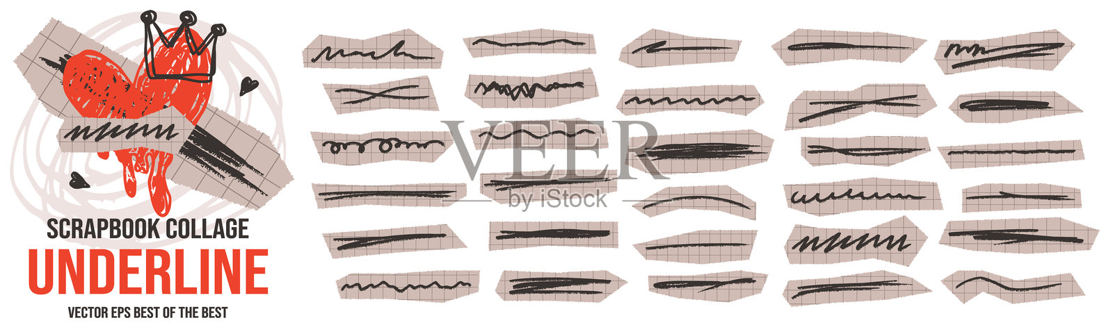 包含剪纸、笔触和涂鸦下划线元素的剪贴簿素材包。插画图片素材