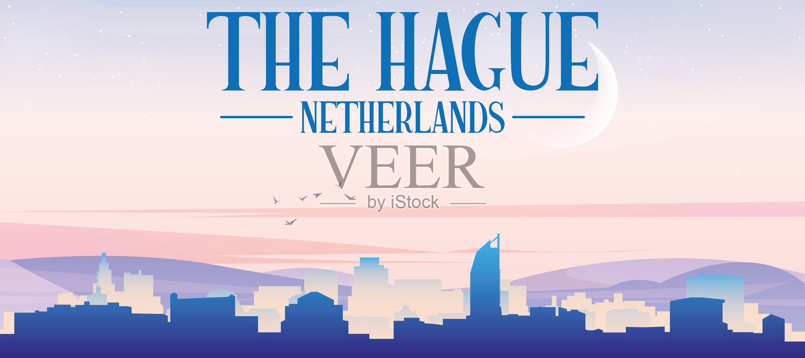 荷兰海牙城市天际线全景海报插画图片素材