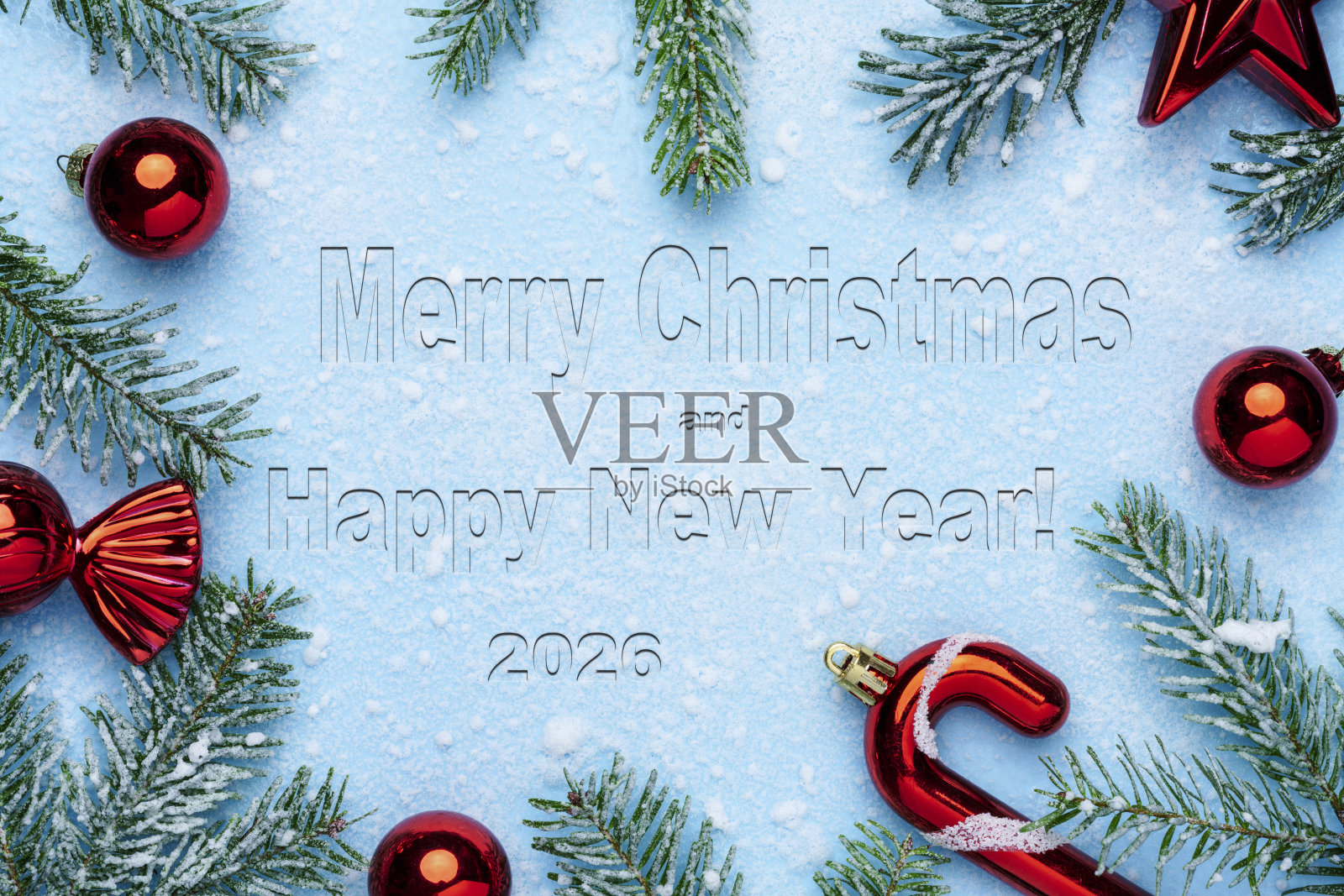 带有红色装饰的圣诞和新年贺卡照片摄影图片