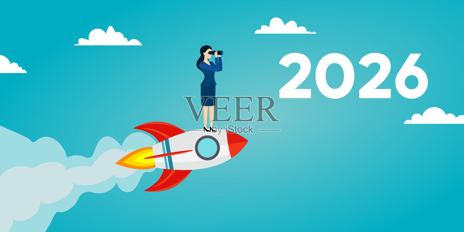 女商人在蓝天中乘坐火箭,飞向2026年插画图片素材
