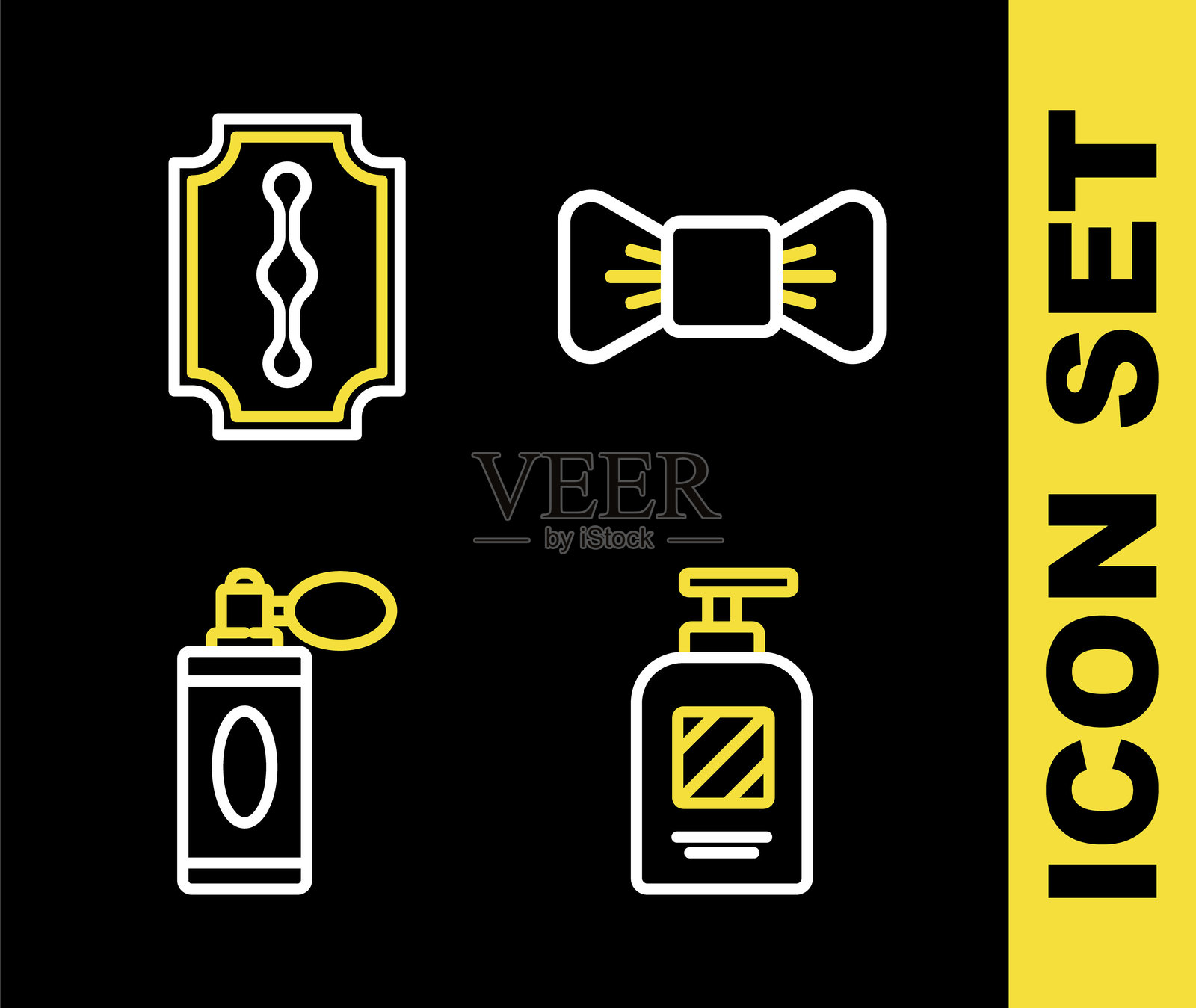 领结、洗发水瓶、带喷头的须后水瓶和剃刀刀片图标的线条集合。矢量图插画图片素材