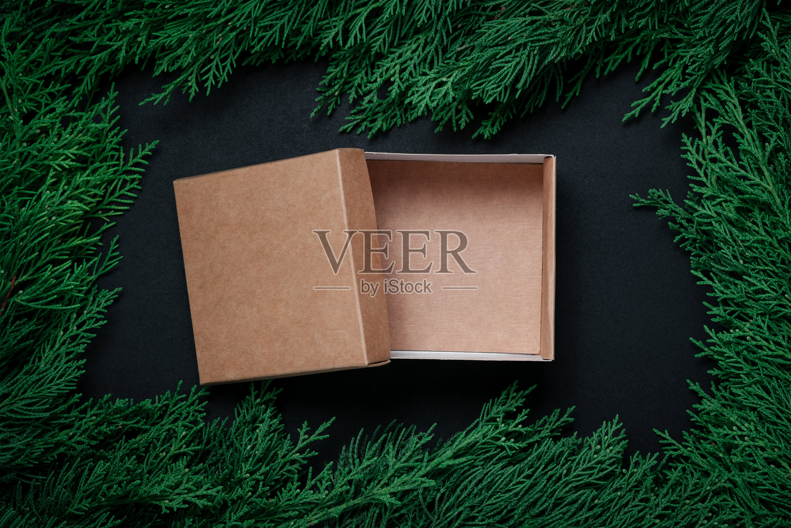 黑色背景上,方形牛皮纸礼品盒和盒盖被绿色松枝环绕。照片摄影图片