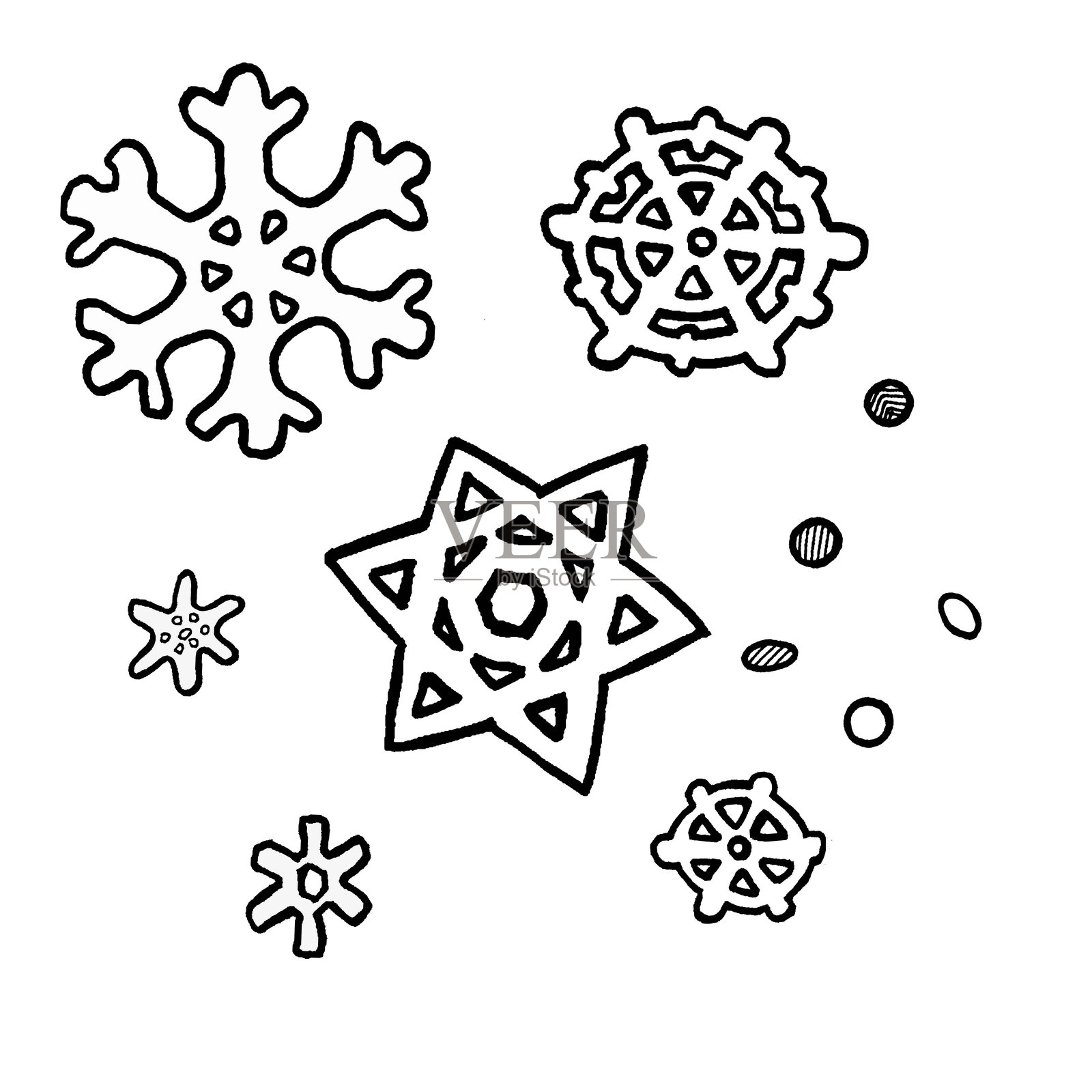 一套手绘雪花,孤立背景,适用于节日新年装饰、卡片、模板、邀请函、包装、礼品、贴纸和横幅广告插画图片素材