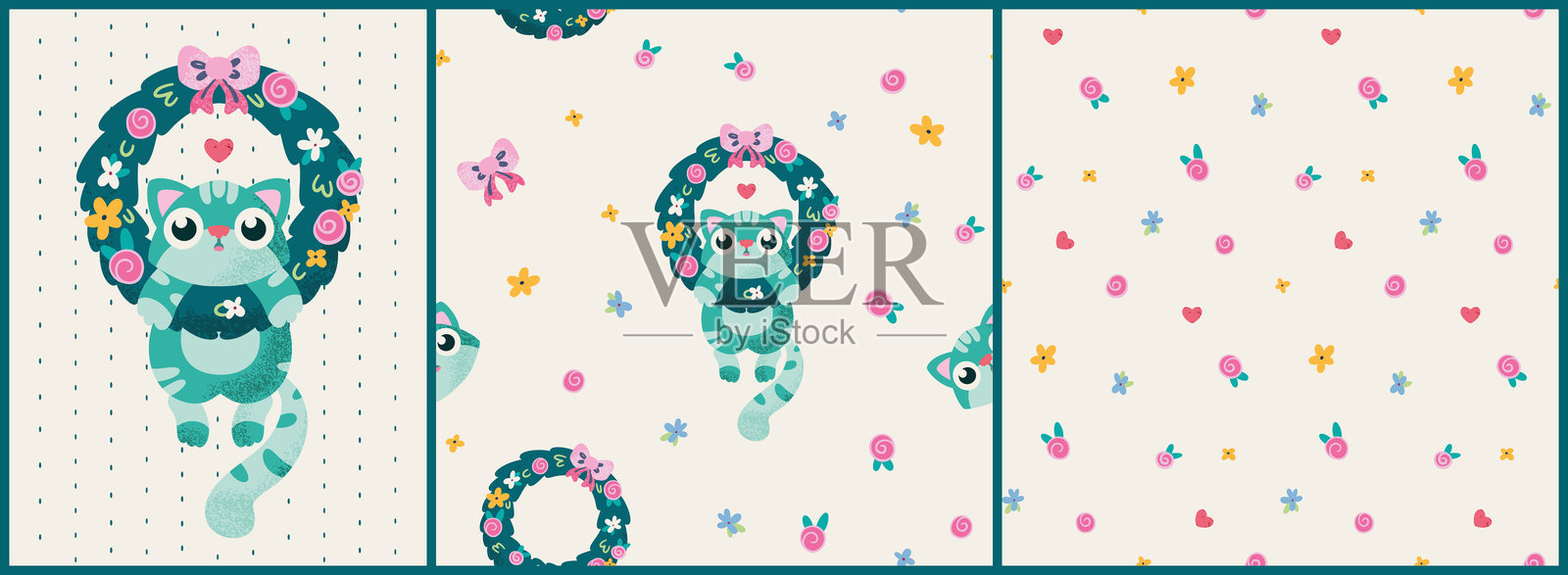 一套可爱的猫咪节日主题素材,包括卡片和无缝图案插画图片素材